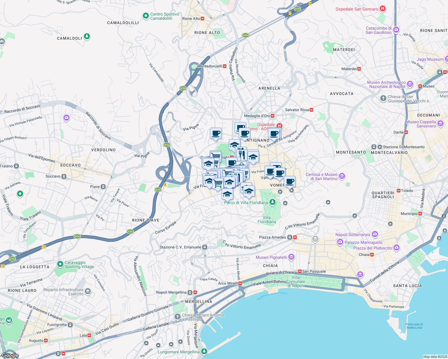 map of restaurants, bars, coffee shops, grocery stores, and more near 38 Via Belvedere in Naples
