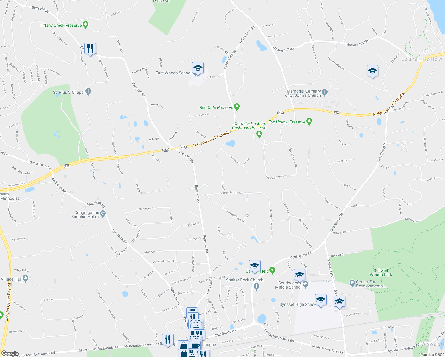 map of restaurants, bars, coffee shops, grocery stores, and more near 15 Tiber Road in Syosset