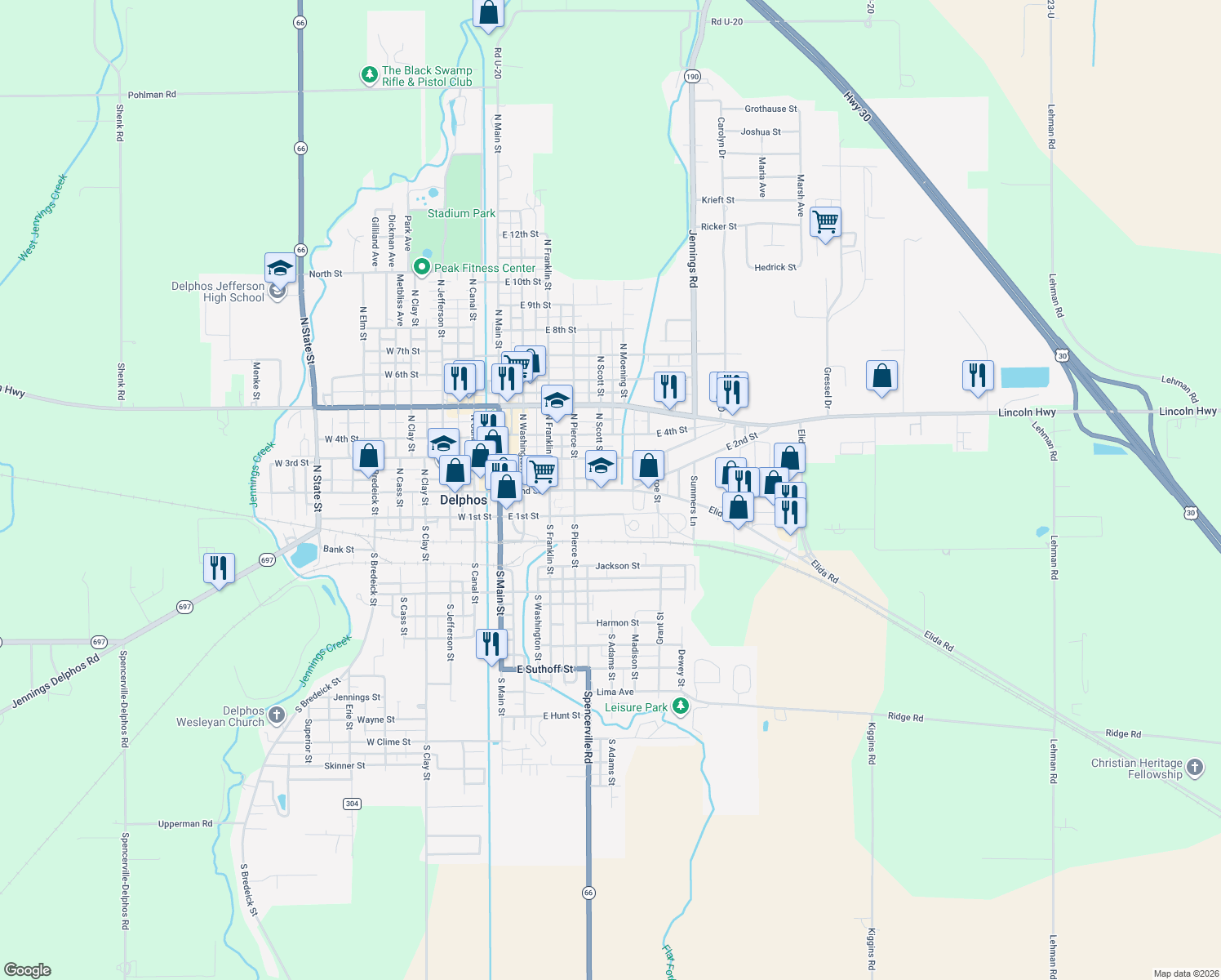 map of restaurants, bars, coffee shops, grocery stores, and more near 535 E 2nd St in Delphos