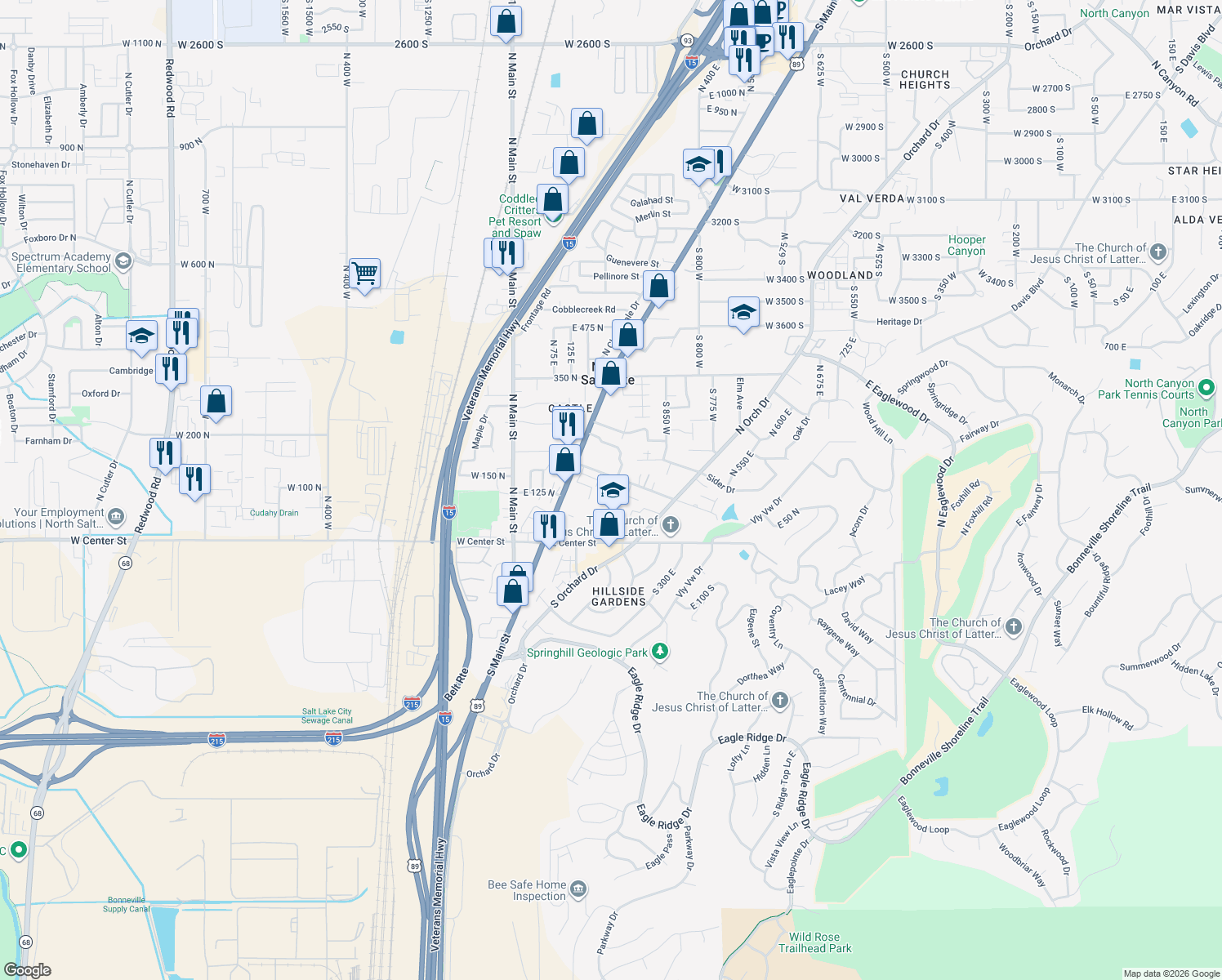 map of restaurants, bars, coffee shops, grocery stores, and more near 240 East 100 North in North Salt Lake