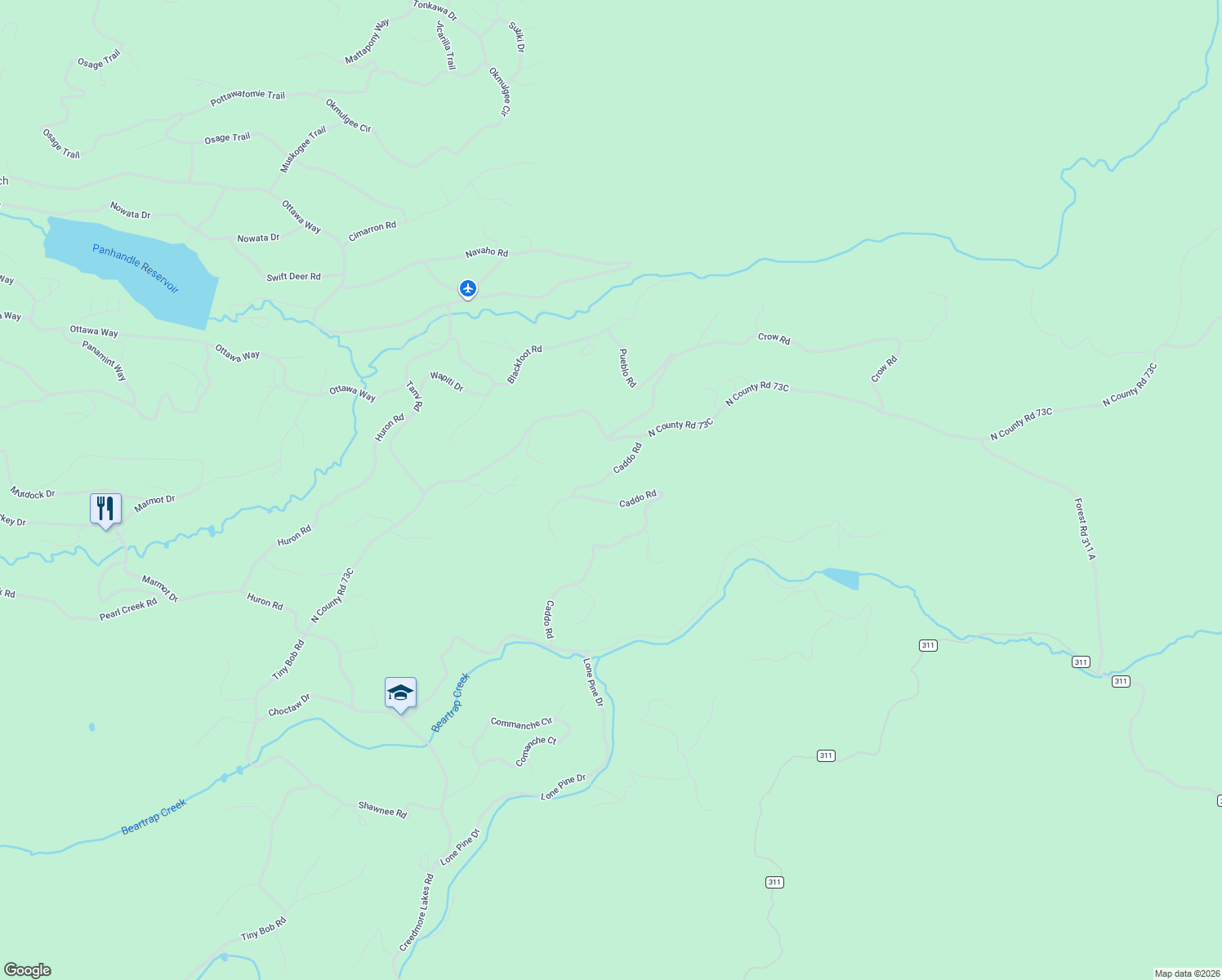 map of restaurants, bars, coffee shops, grocery stores, and more near 1074 Caddo Road in Red Feather Lakes