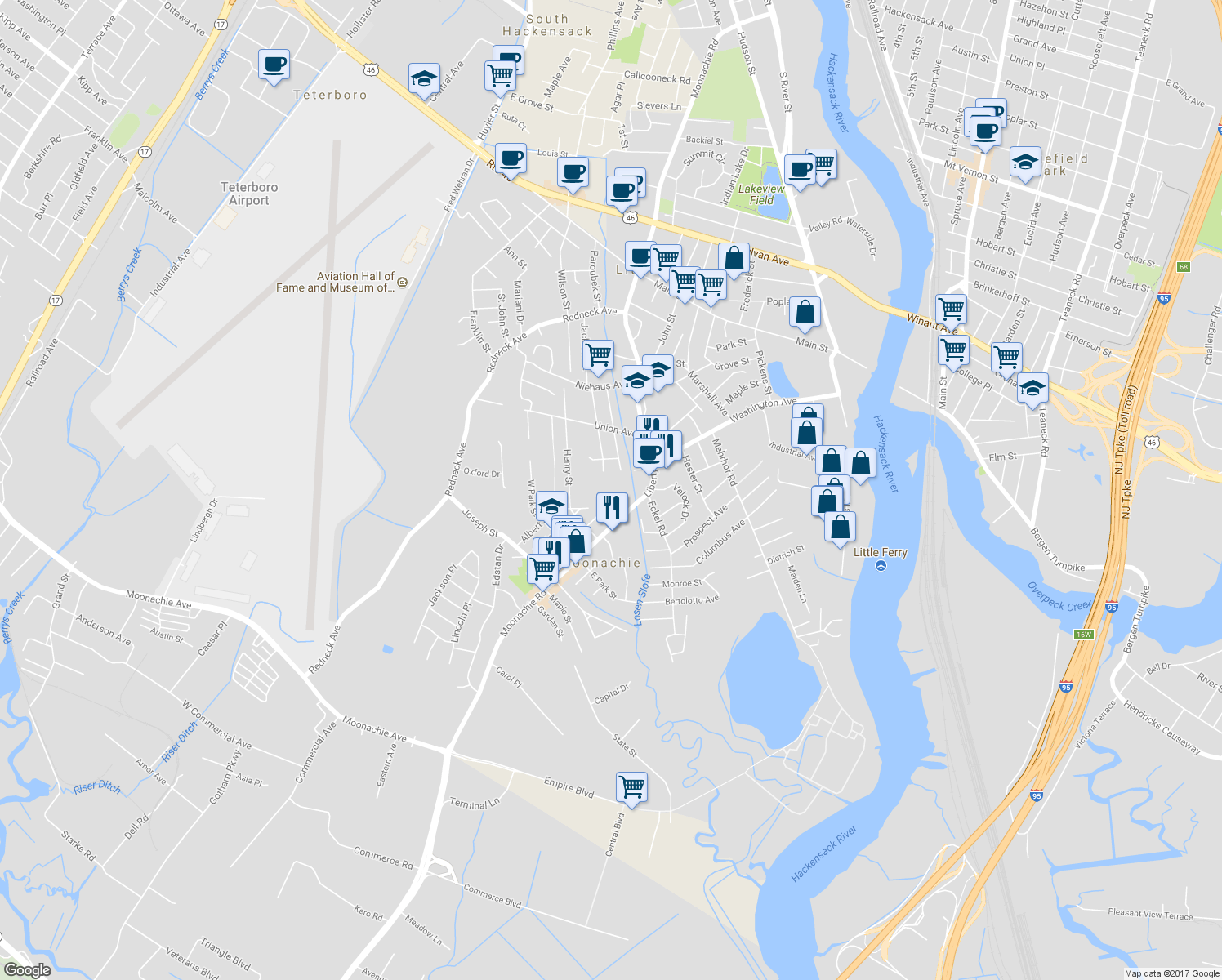 map of restaurants, bars, coffee shops, grocery stores, and more near 1 Bruno Street in Moonachie