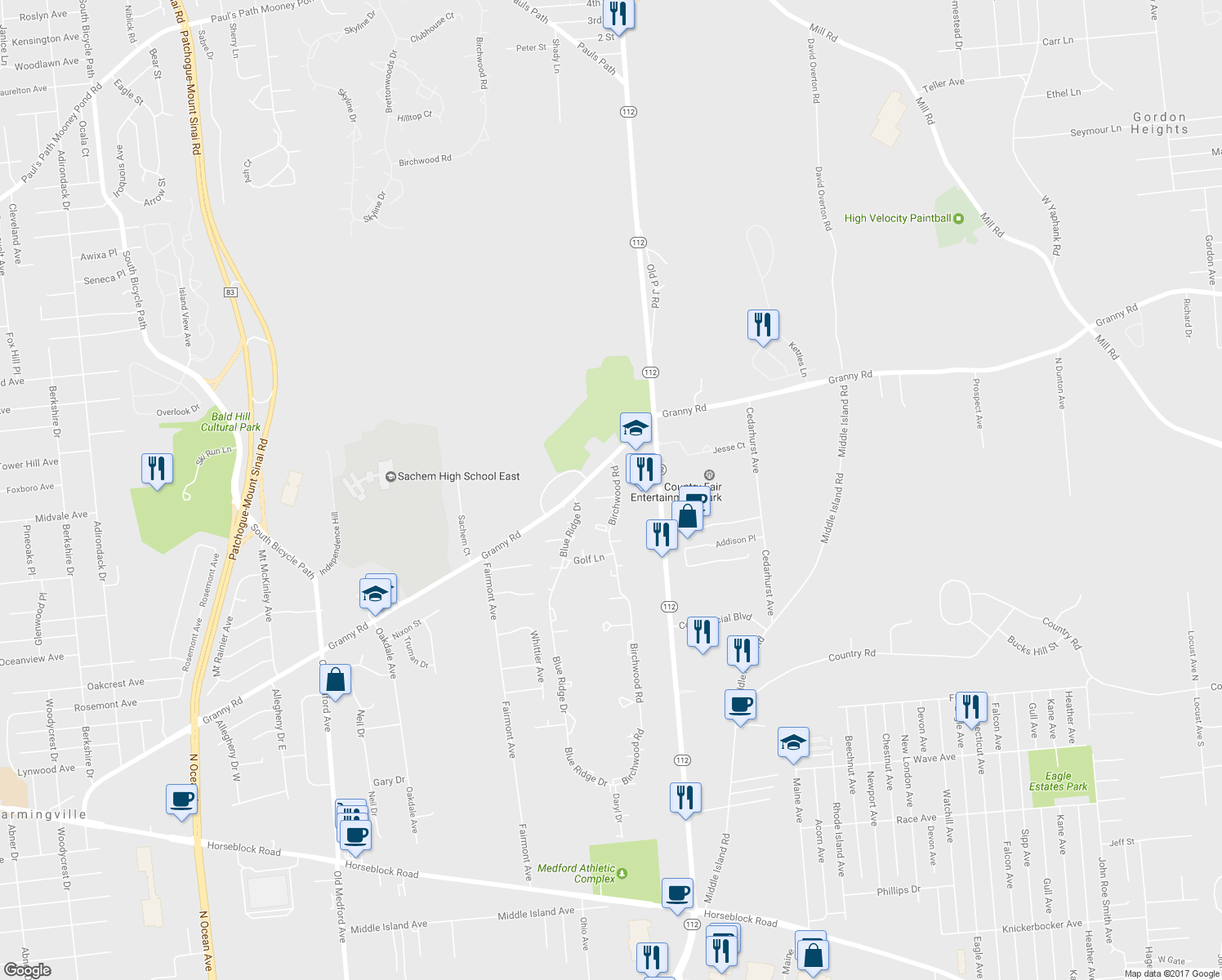 map of restaurants, bars, coffee shops, grocery stores, and more near 15 Birchwood Road in Medford