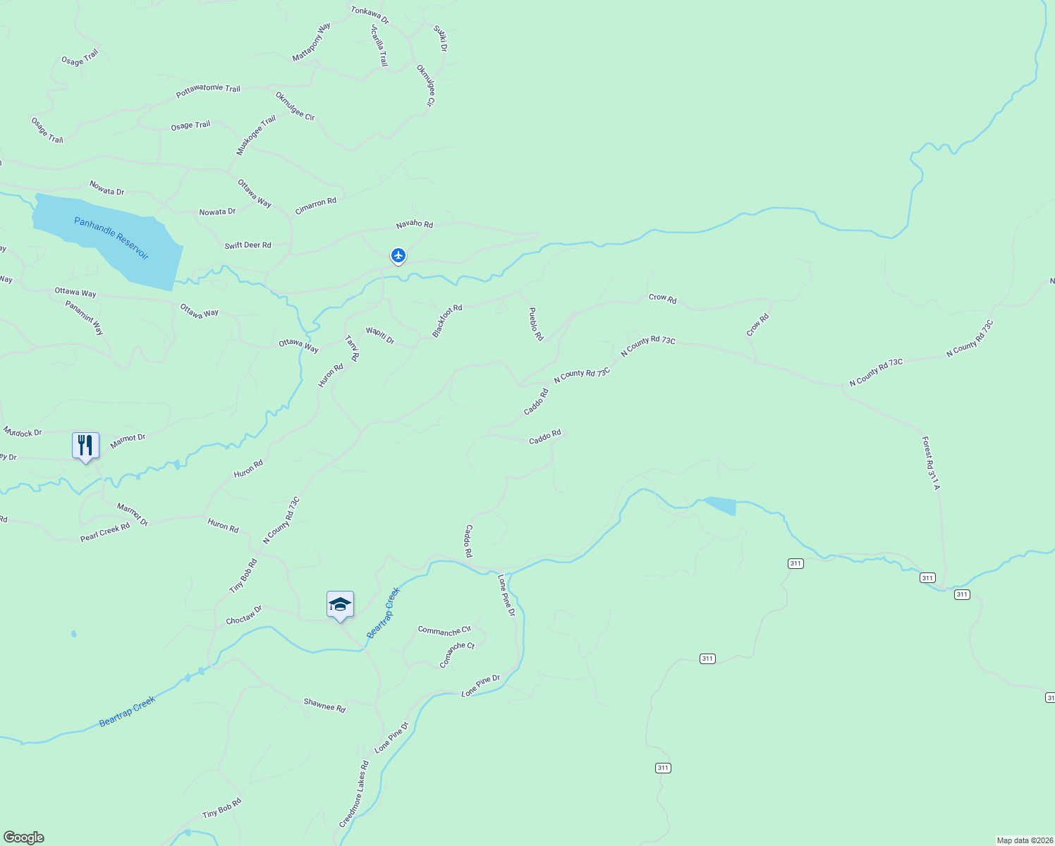 map of restaurants, bars, coffee shops, grocery stores, and more near 1074 Caddo Road in Red Feather Lakes