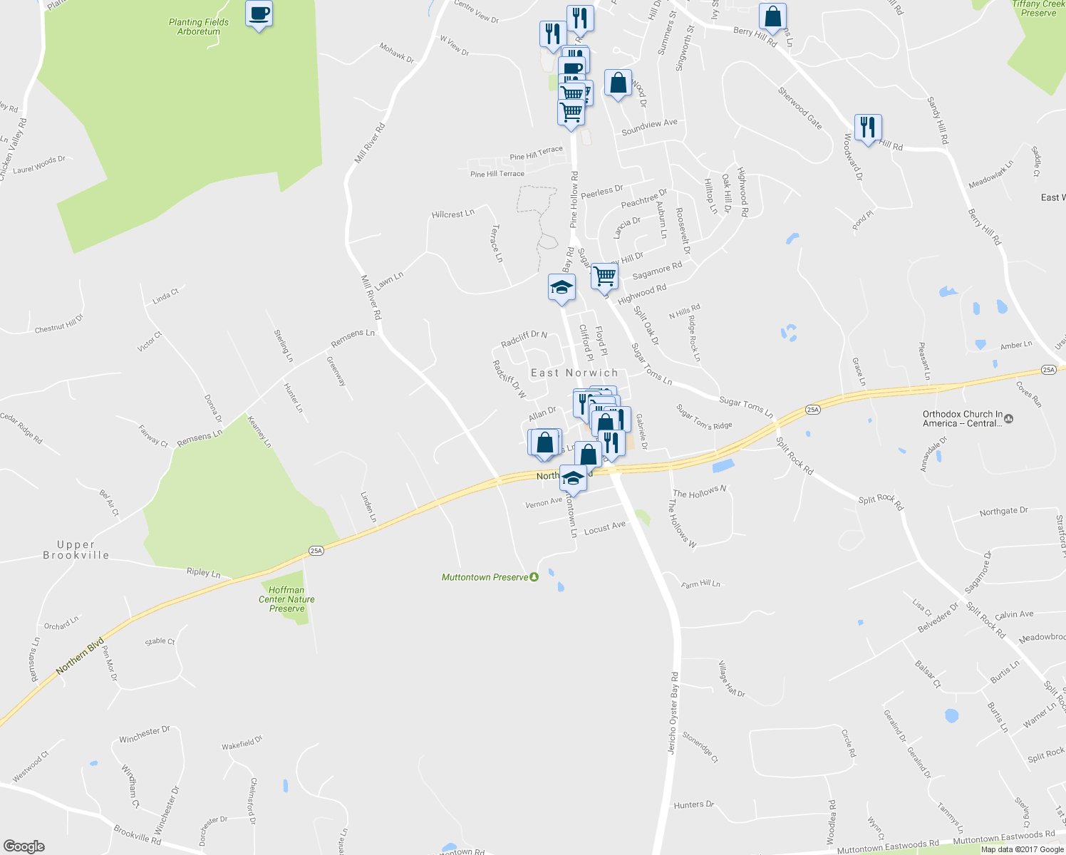 map of restaurants, bars, coffee shops, grocery stores, and more near 15 James Avenue in East Norwich