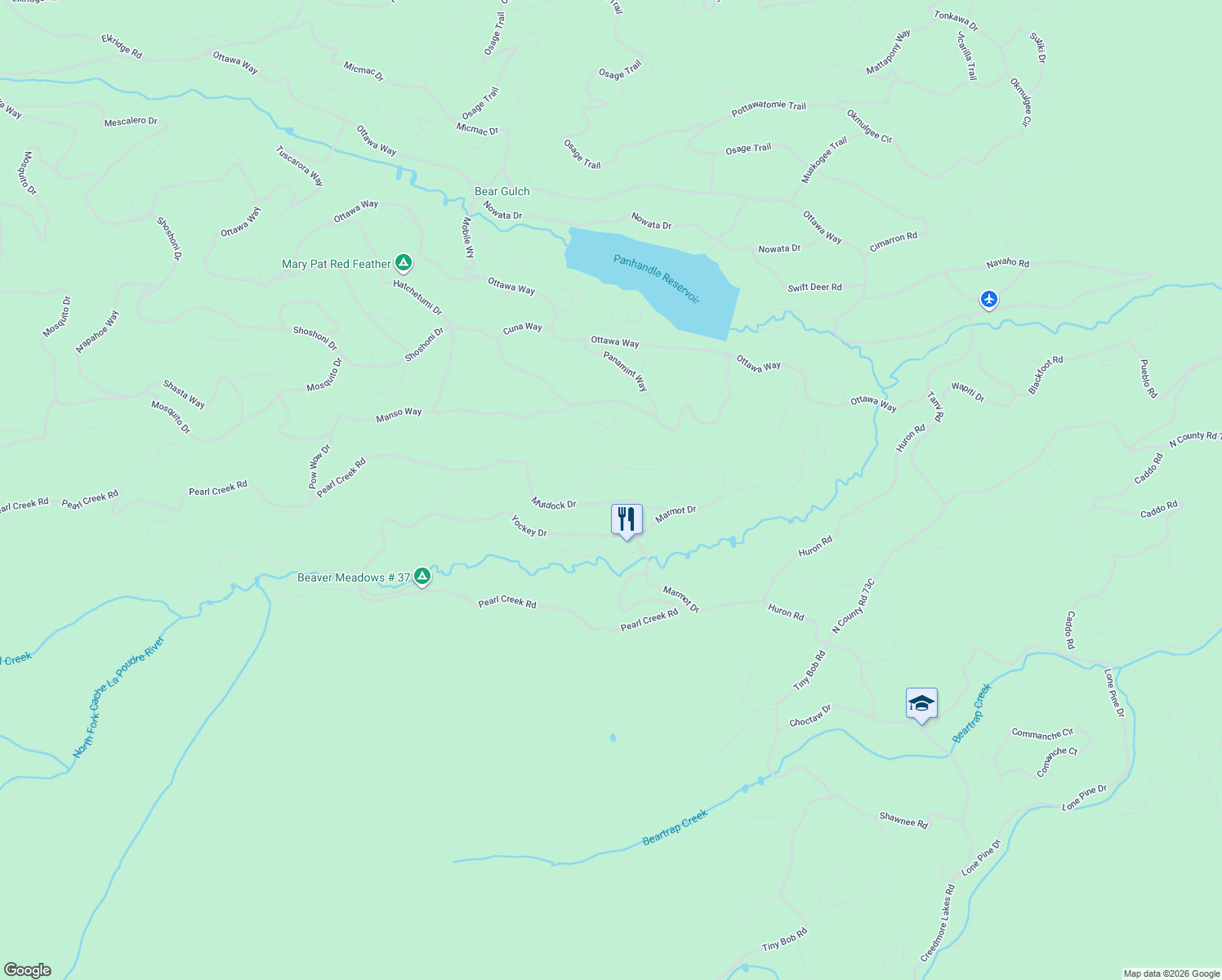 map of restaurants, bars, coffee shops, grocery stores, and more near 215 Murdock Drive in Red Feather Lakes