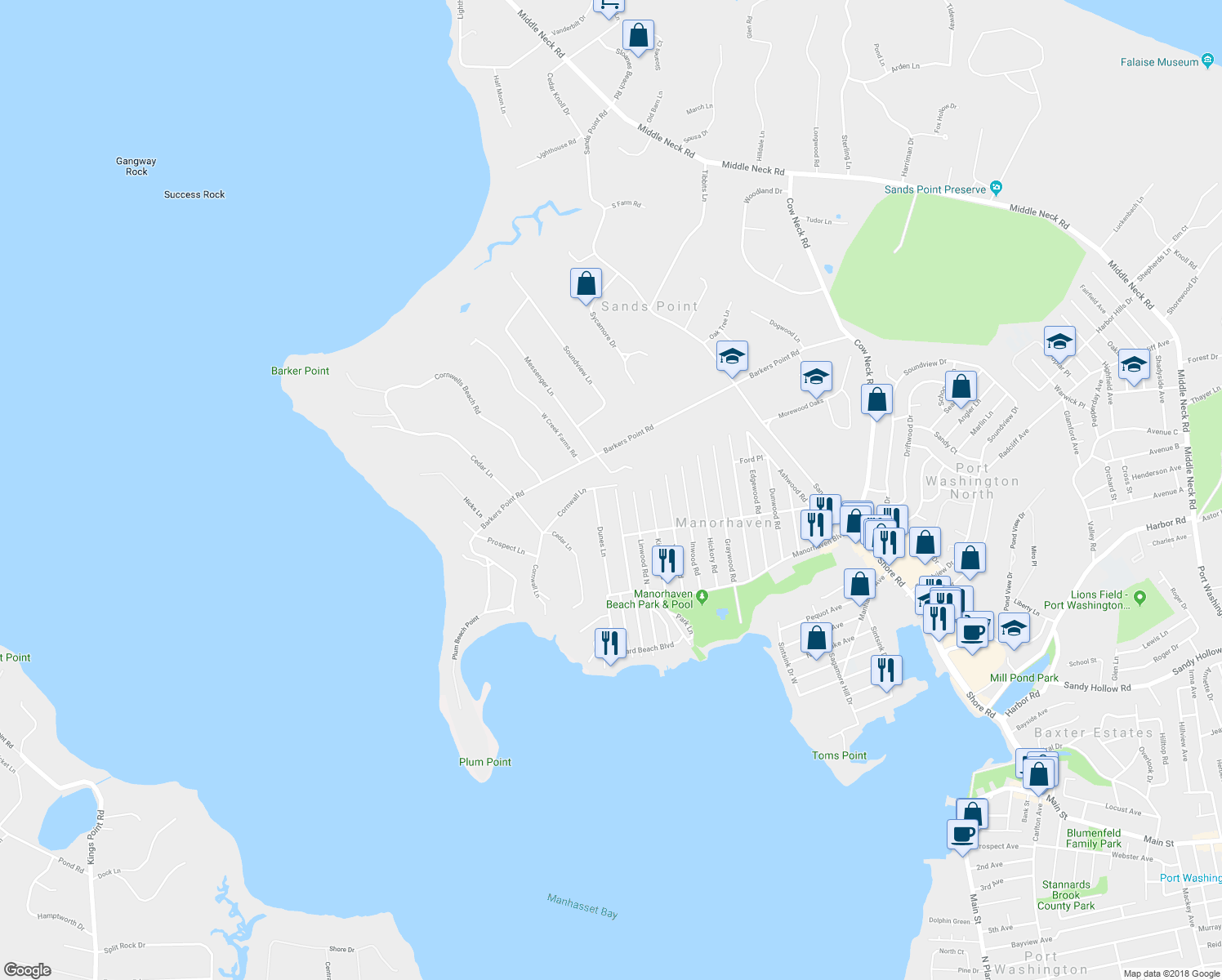 map of restaurants, bars, coffee shops, grocery stores, and more near Messenger Lane in Sands Point