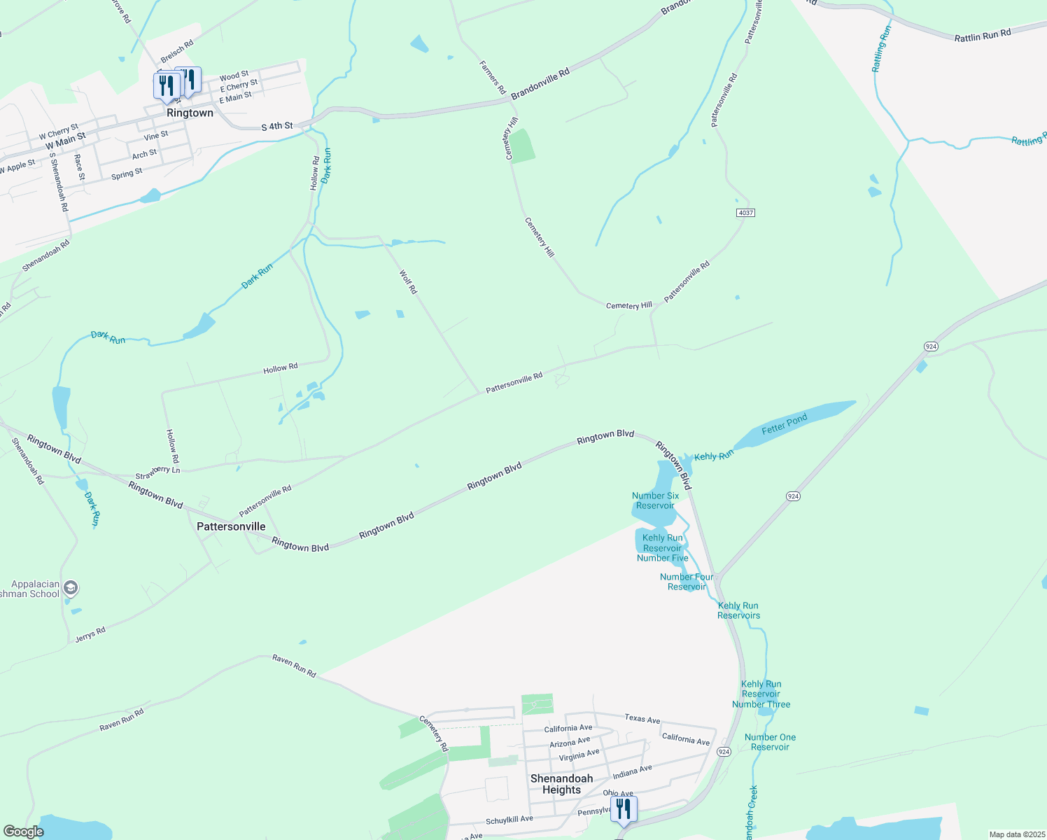 map of restaurants, bars, coffee shops, grocery stores, and more near 921 Puralator Road in Ringtown