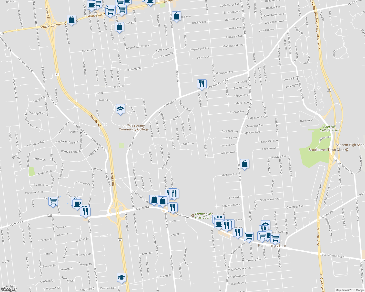 map of restaurants, bars, coffee shops, grocery stores, and more near 14 Mark Lane in Farmingville