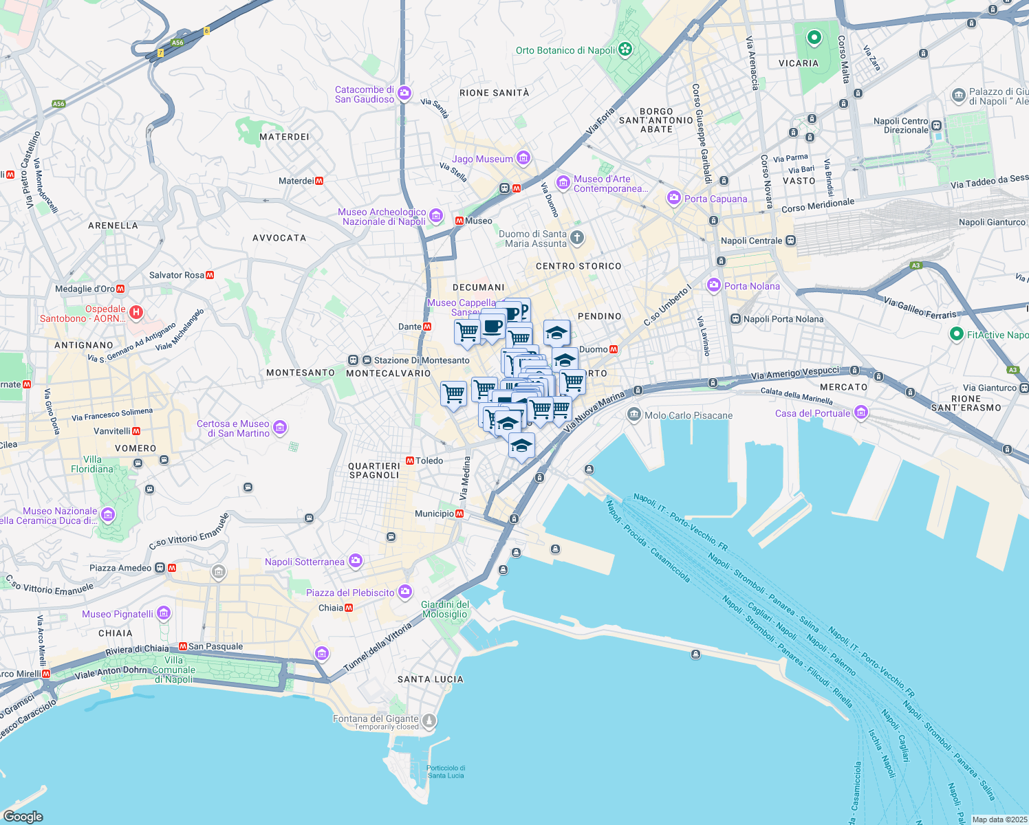 map of restaurants, bars, coffee shops, grocery stores, and more near 48-50 Via Sedile di Porto in Napoli