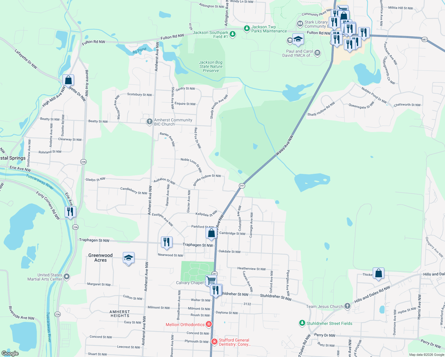 map of restaurants, bars, coffee shops, grocery stores, and more near 8078 Brooke Hollow Street Northwest in Massillon