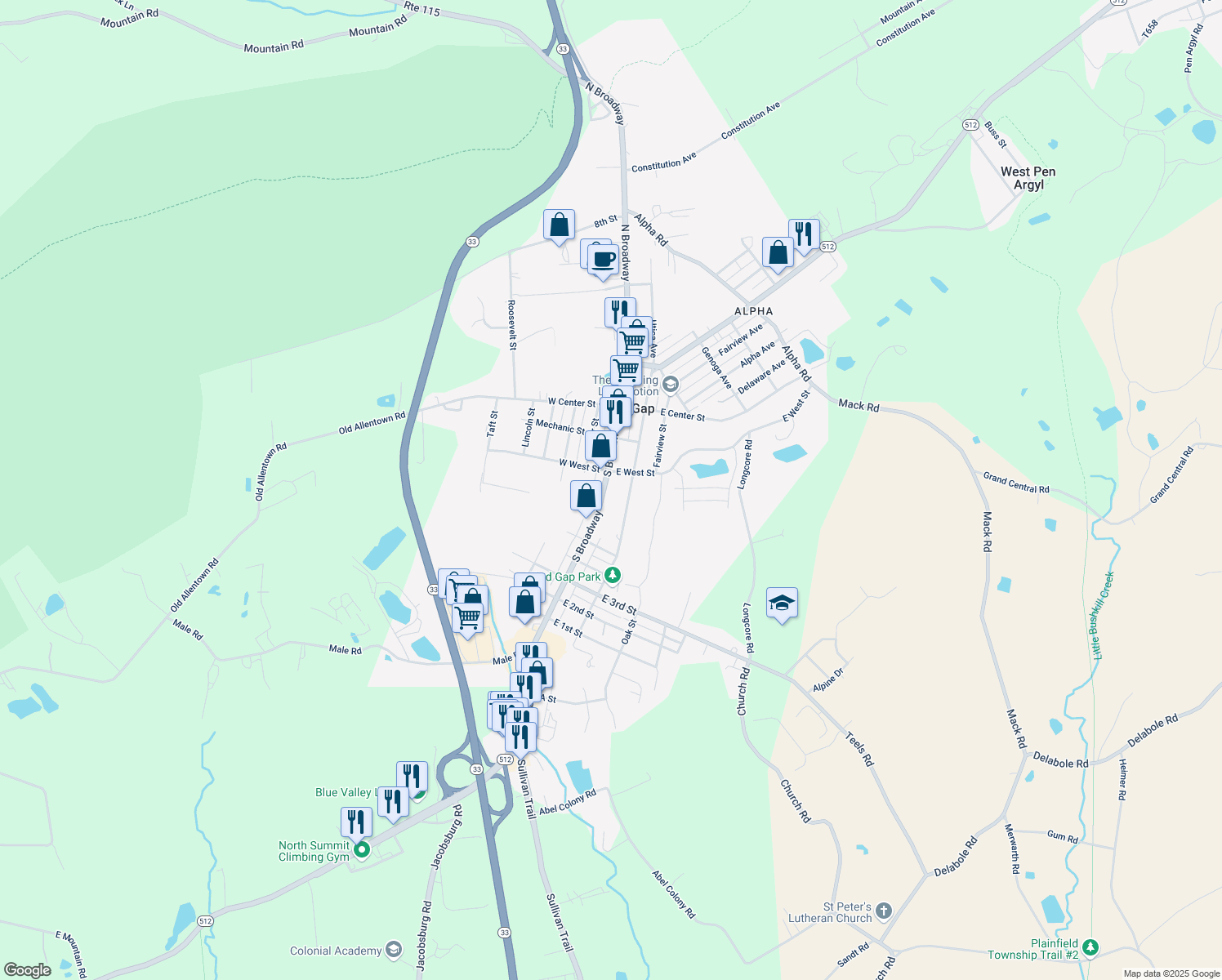 map of restaurants, bars, coffee shops, grocery stores, and more near 227 S Broadway in Wind Gap