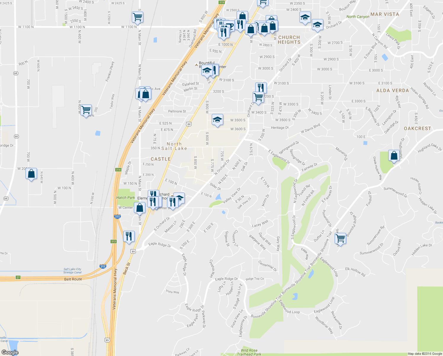 map of restaurants, bars, coffee shops, grocery stores, and more near 181 North 550 East in North Salt Lake