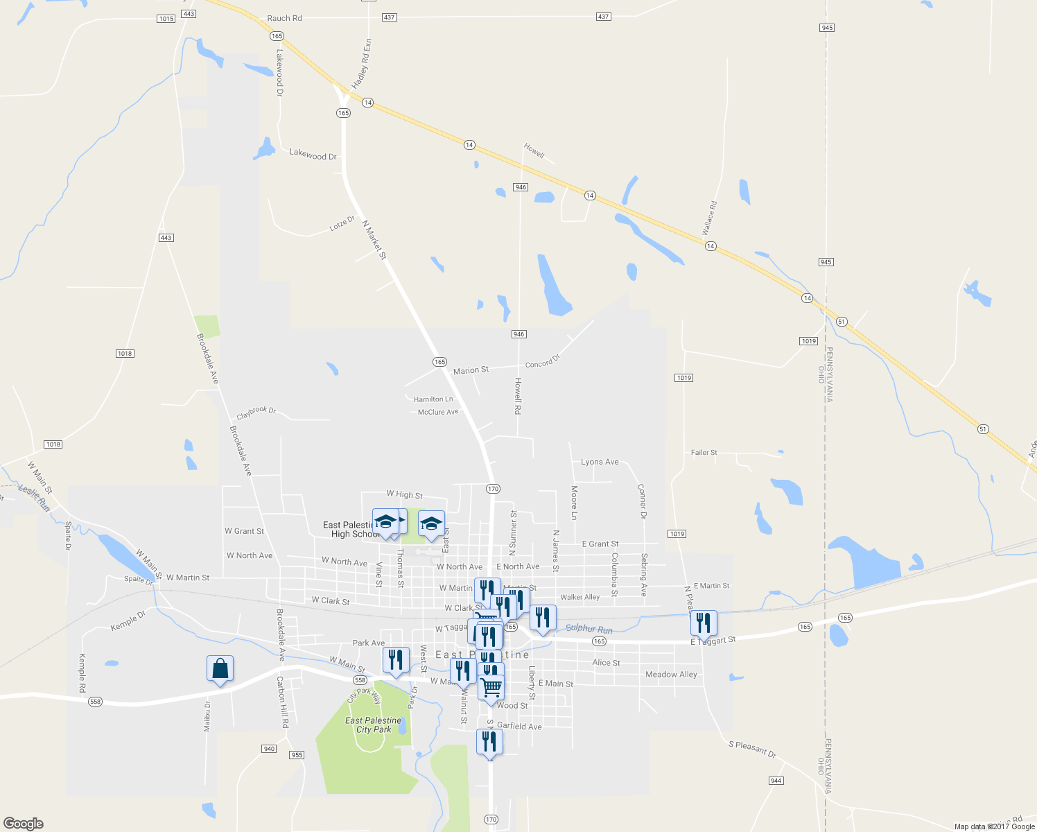 map of restaurants, bars, coffee shops, grocery stores, and more near 952 Howell Road in East Palestine