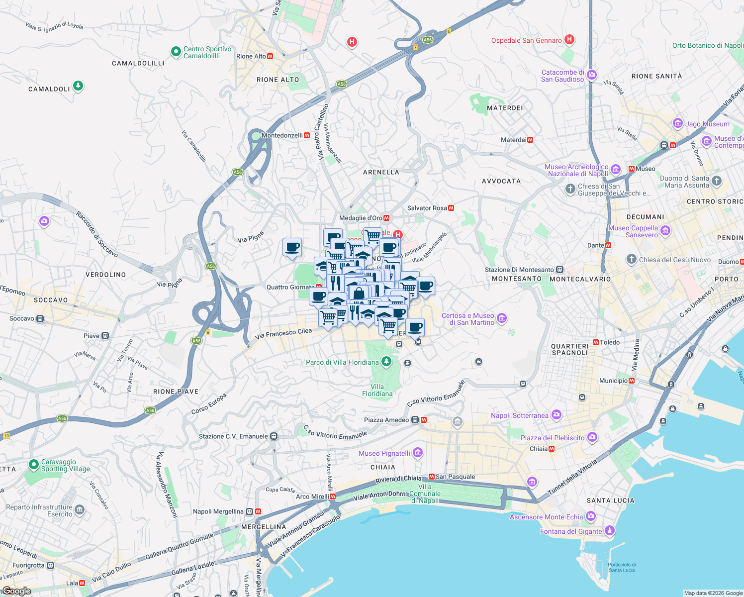 map of restaurants, bars, coffee shops, grocery stores, and more near 78 Via Solimena in Napoli