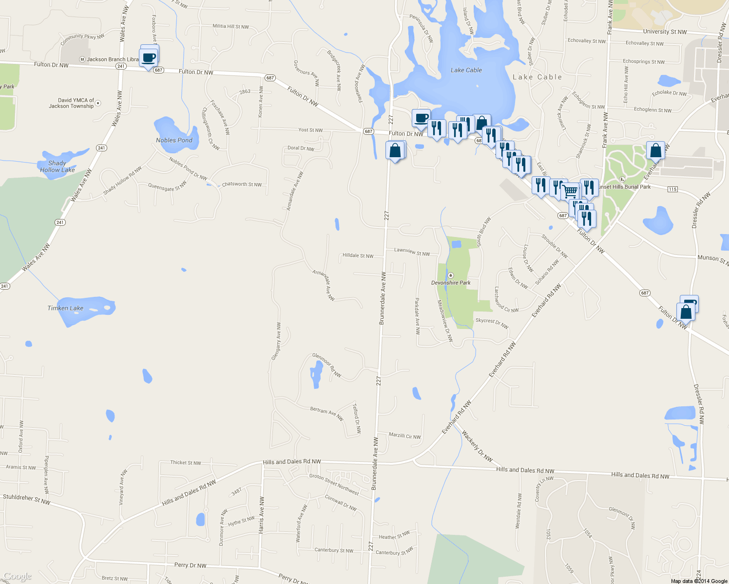map of restaurants, bars, coffee shops, grocery stores, and more near 4240 Armandale Avenue Northwest in Canton