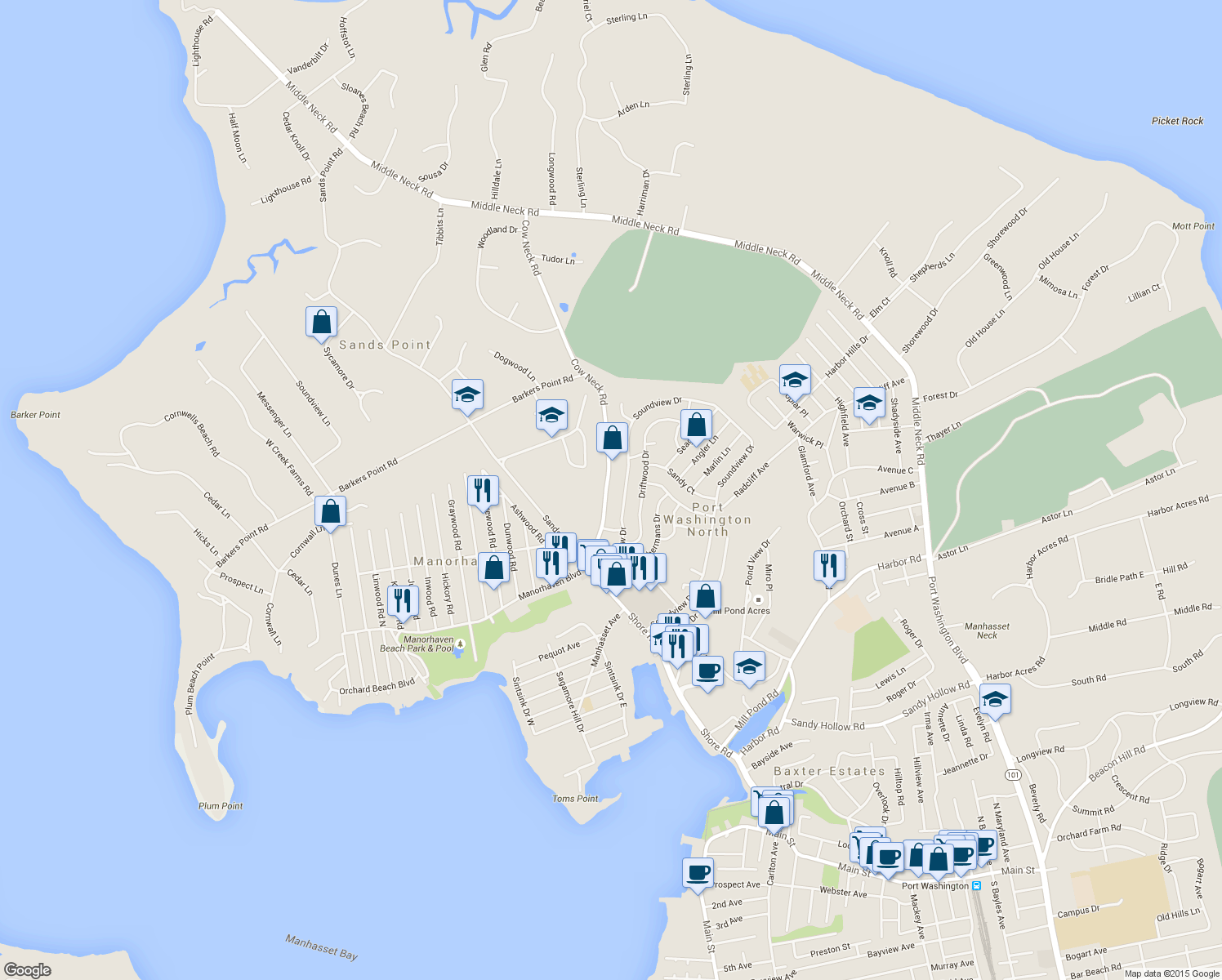 map of restaurants, bars, coffee shops, grocery stores, and more near 139 Cow Neck Road in Port Washington