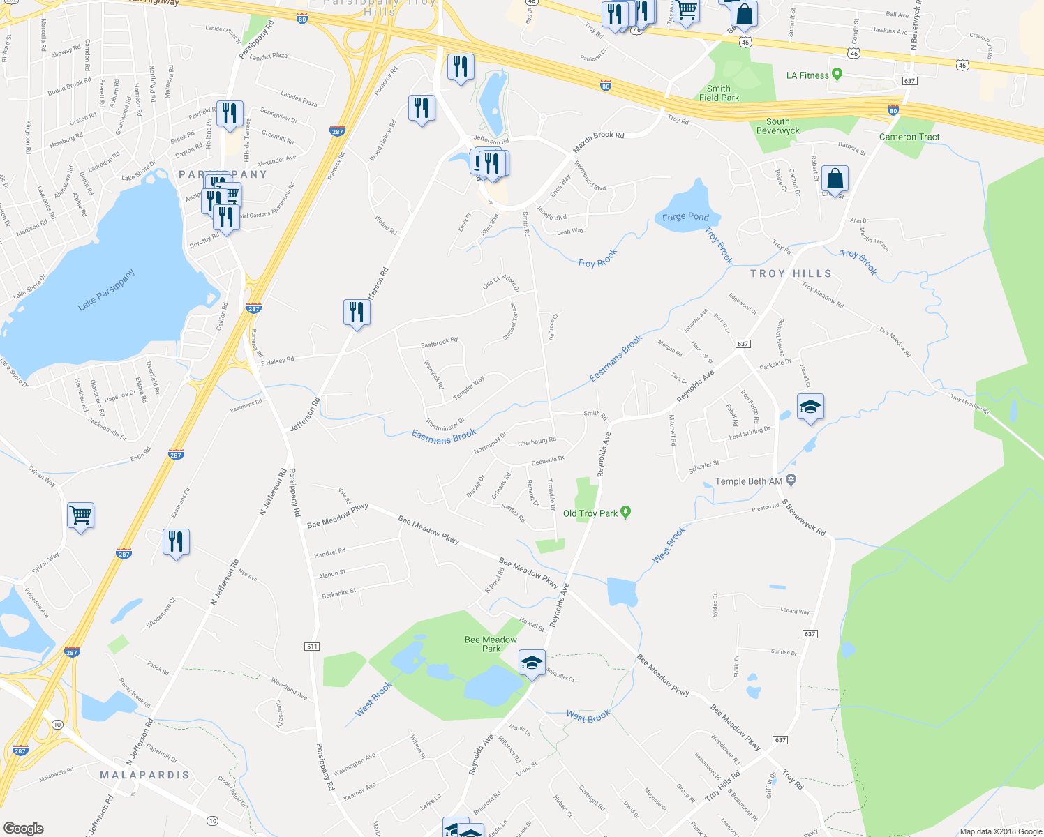 map of restaurants, bars, coffee shops, grocery stores, and more near 10 Normandy Drive in Parsippany-Troy Hills