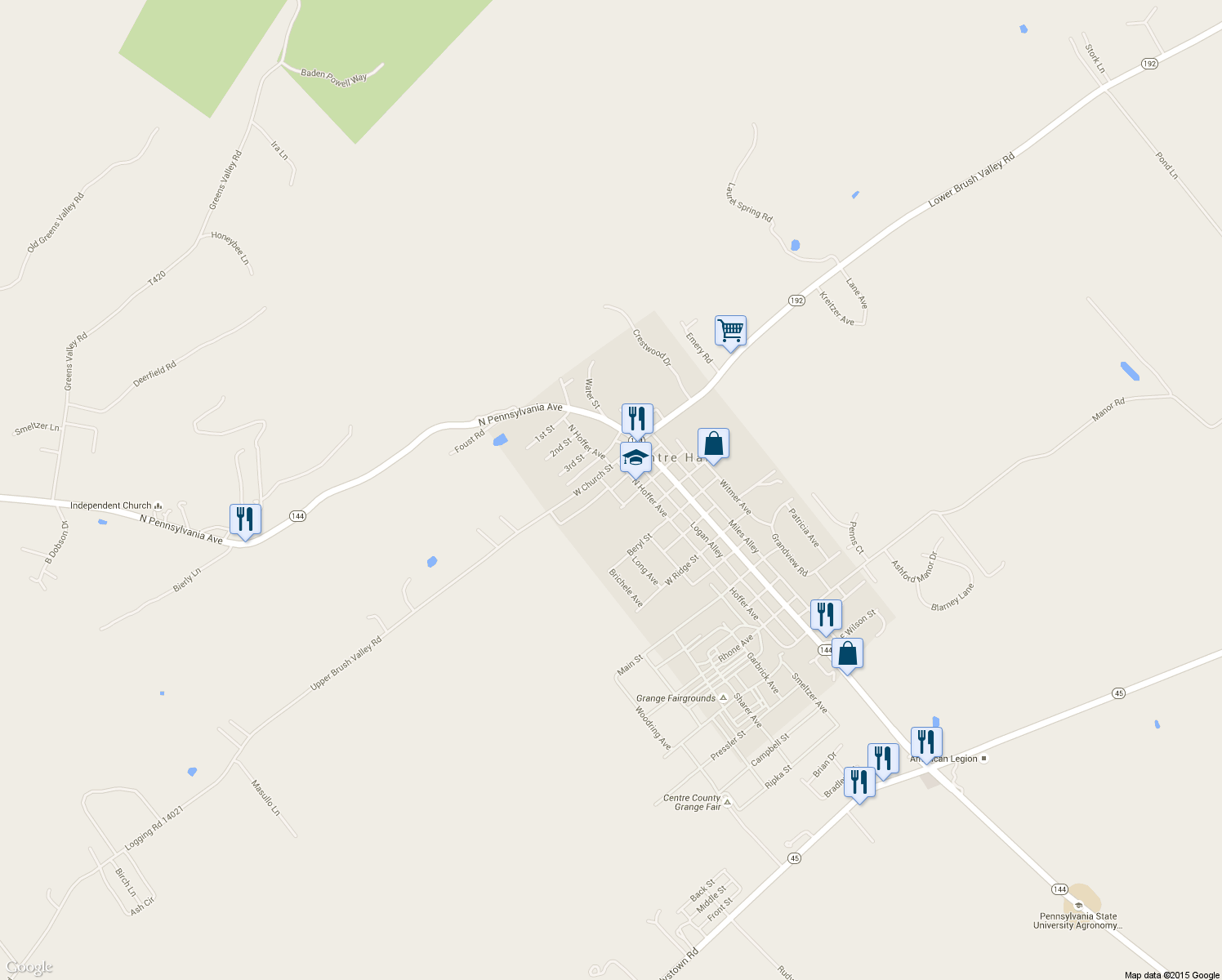 map of restaurants, bars, coffee shops, grocery stores, and more near North Willow Avenue in Centre Hall