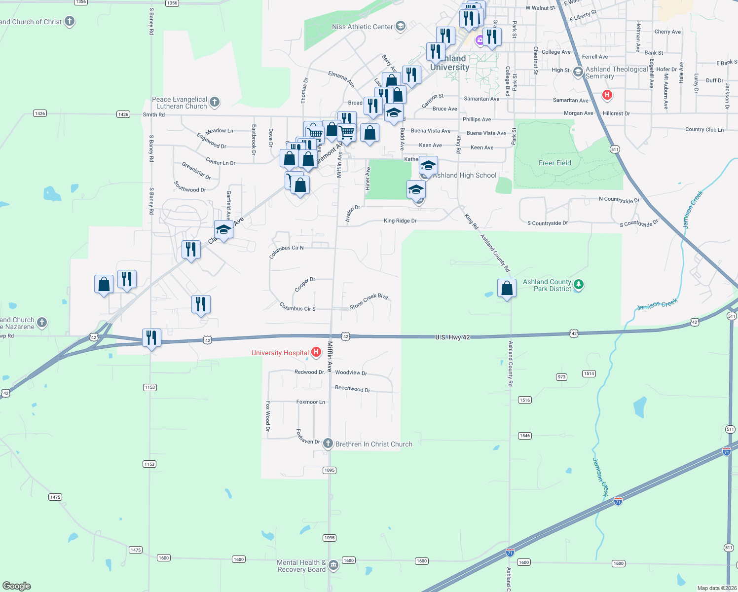 map of restaurants, bars, coffee shops, grocery stores, and more near 860 Stone Creek Blvd in Ashland