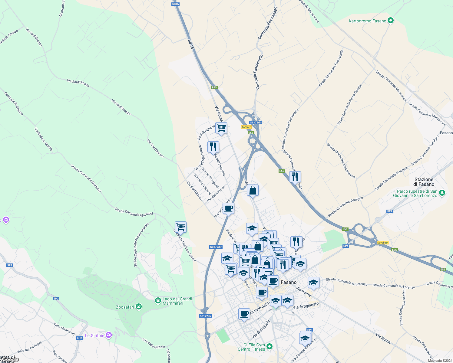 map of restaurants, bars, coffee shops, grocery stores, and more near 19 Via dell'Industria in Fasano