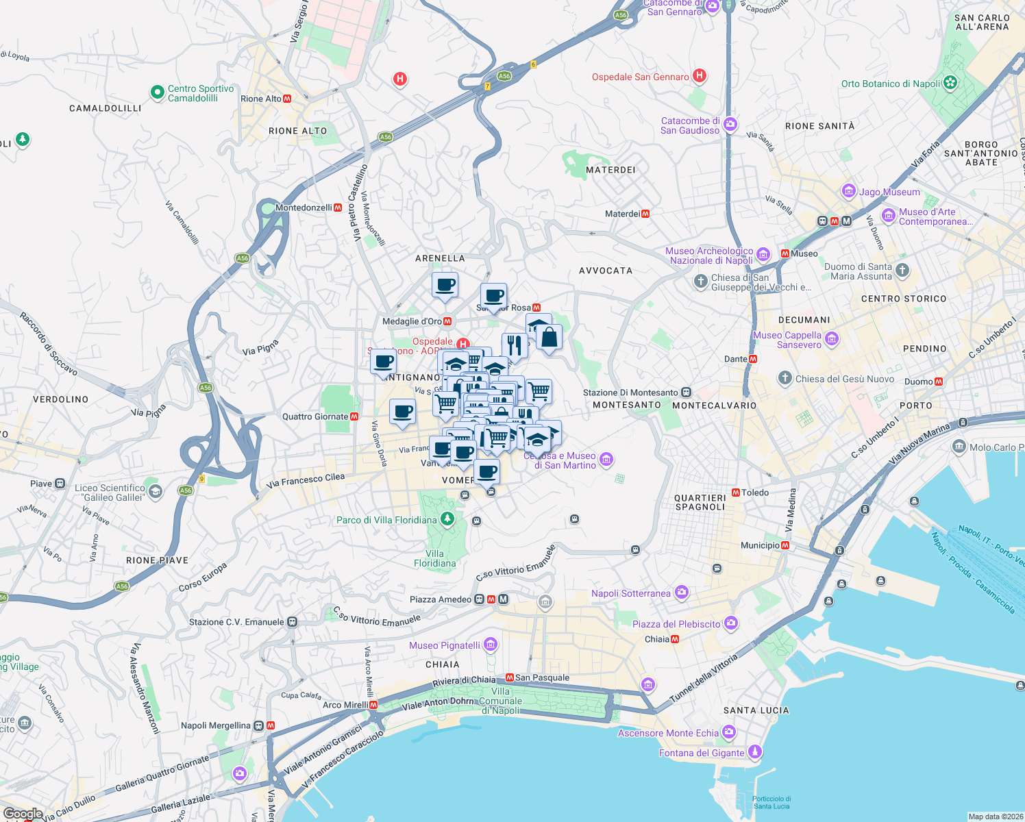 map of restaurants, bars, coffee shops, grocery stores, and more near 21 Via Giuseppe Bonito in Naples