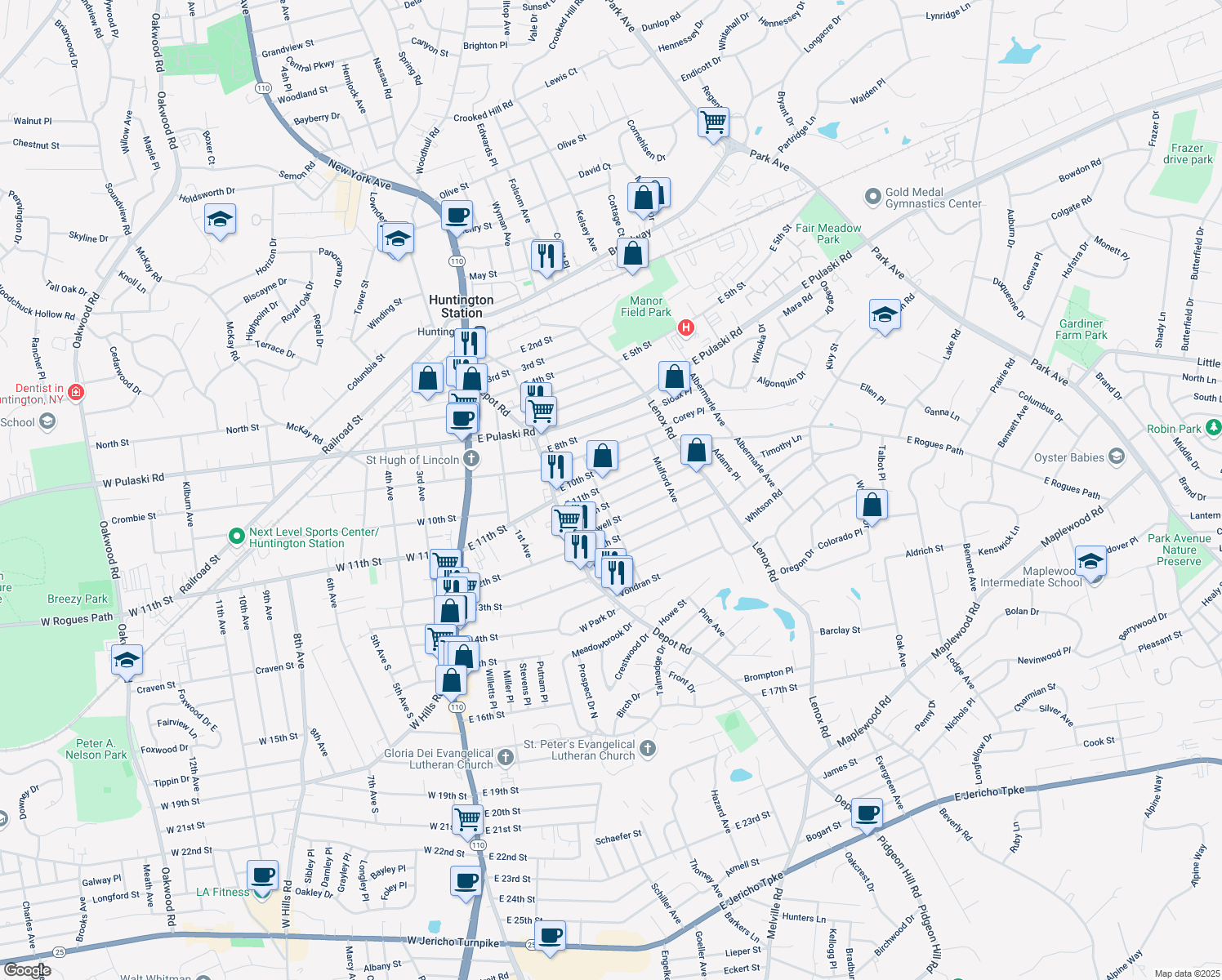 map of restaurants, bars, coffee shops, grocery stores, and more near 156 East 11th Street in Huntington Station