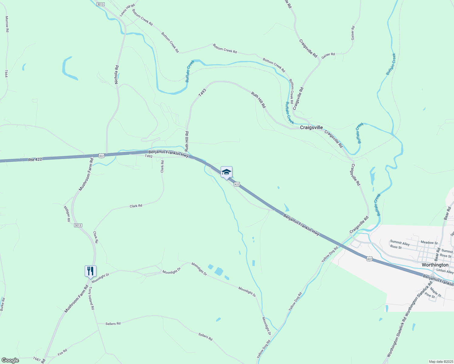 map of restaurants, bars, coffee shops, grocery stores, and more near in Craigsville