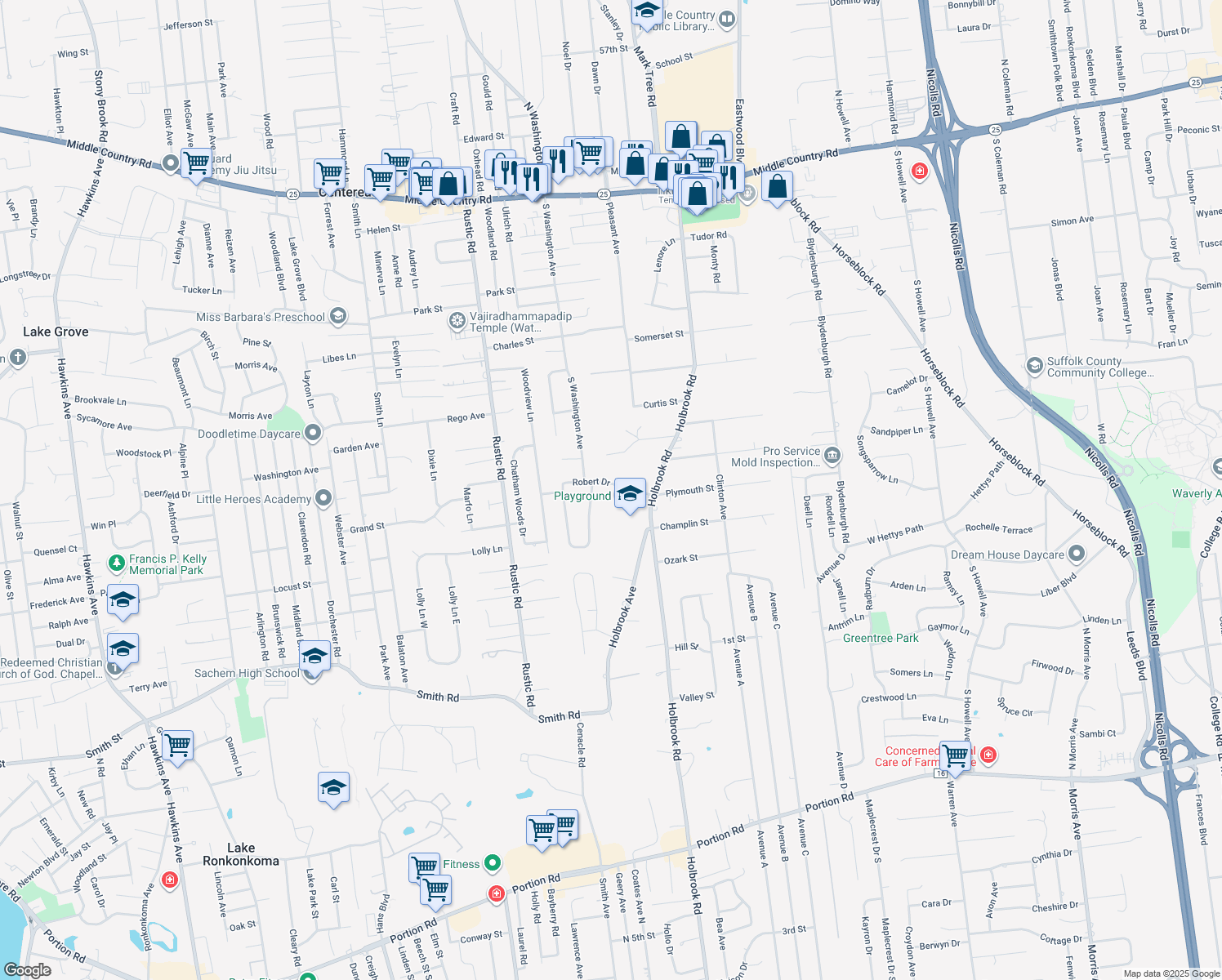 map of restaurants, bars, coffee shops, grocery stores, and more near 10 Robert Drive in Centereach