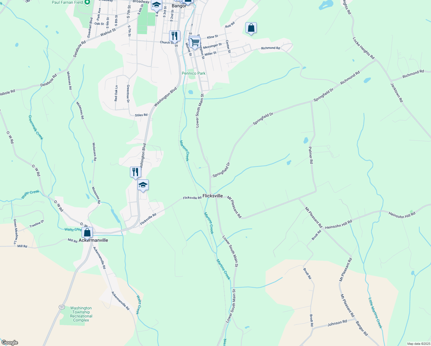 map of restaurants, bars, coffee shops, grocery stores, and more near 20 Springfield Drive in Bangor