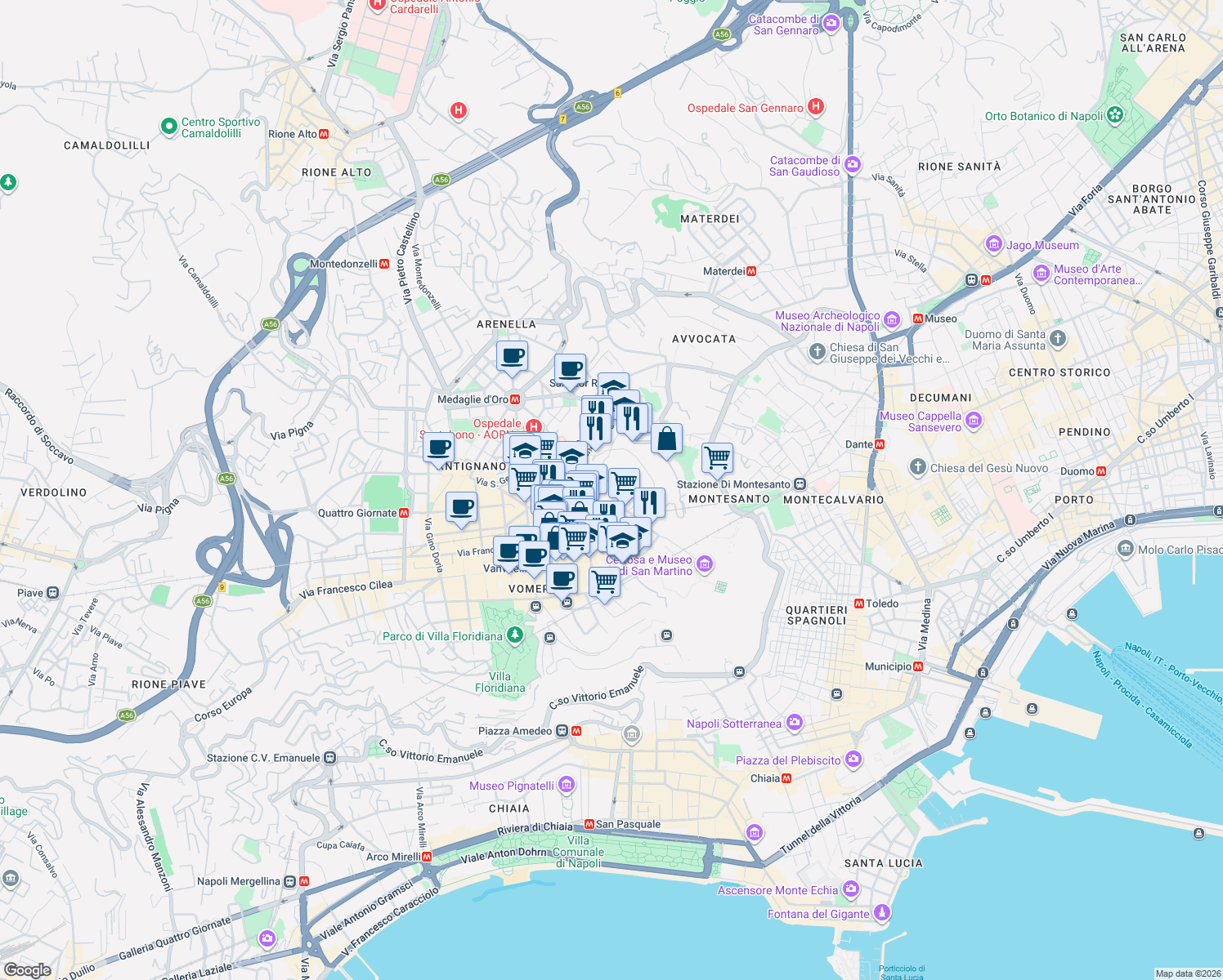 map of restaurants, bars, coffee shops, grocery stores, and more near 21 Via Giuseppe Bonito in Naples