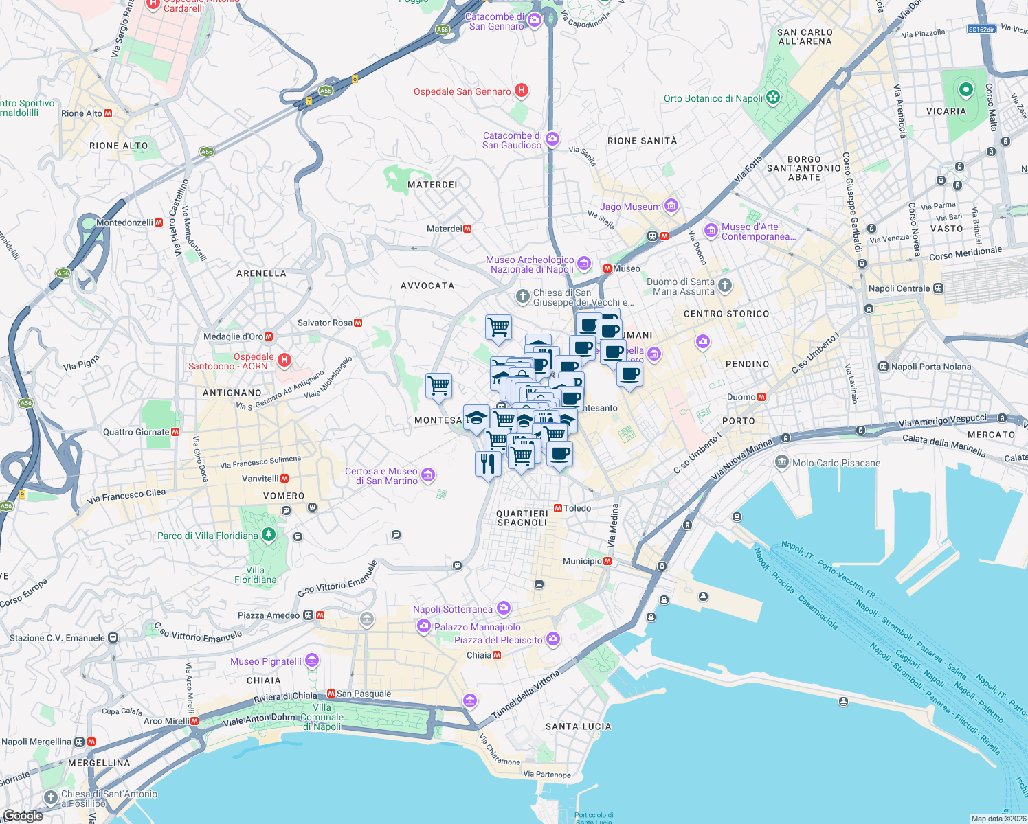 map of restaurants, bars, coffee shops, grocery stores, and more near 61 Vico Paradiso in Naples