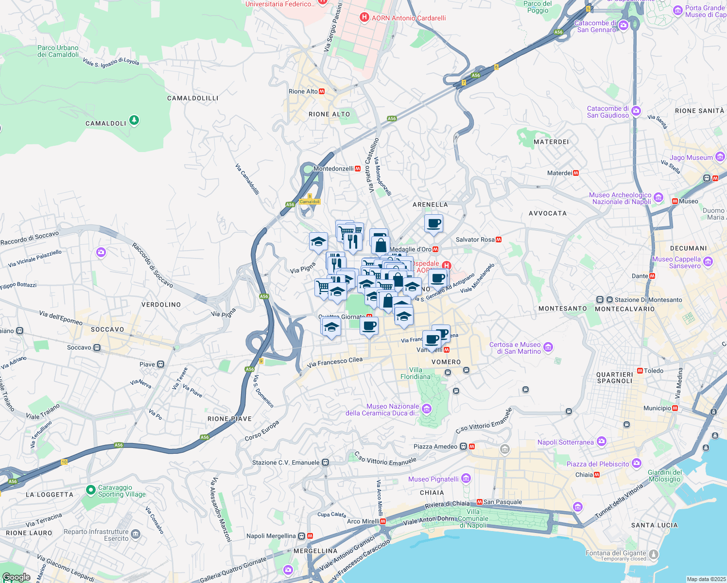 map of restaurants, bars, coffee shops, grocery stores, and more near 5 Via Gioacchino Rossini in Naples