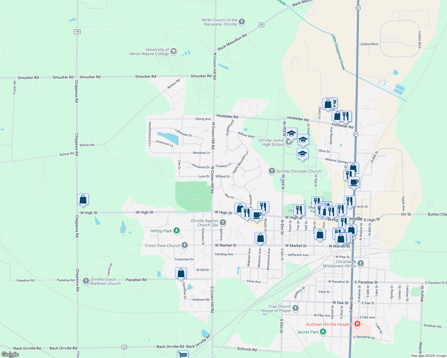 map of restaurants, bars, coffee shops, grocery stores, and more near 1577 Rex Dr in Orrville