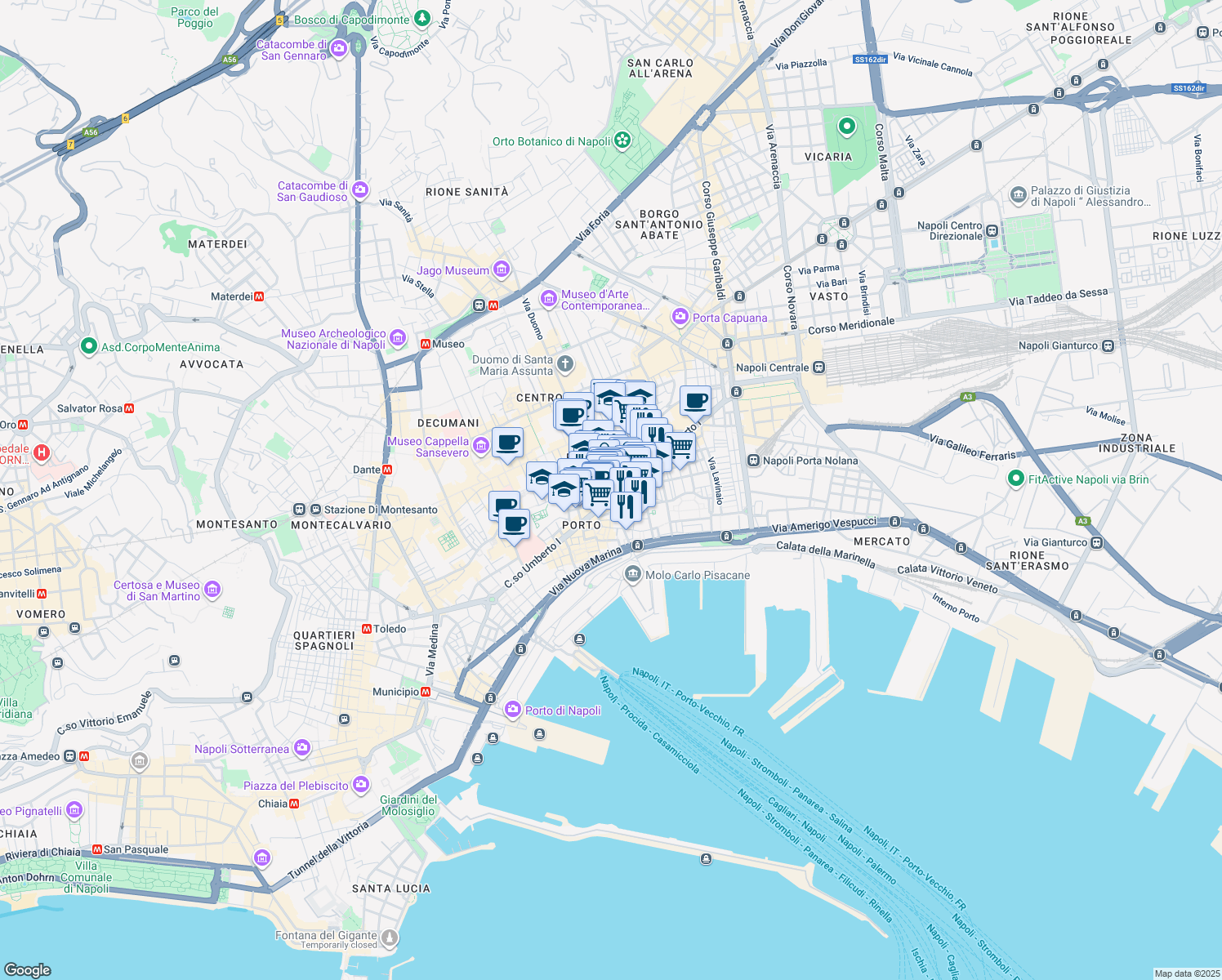 map of restaurants, bars, coffee shops, grocery stores, and more near 10 Via Ludovico Bianchini in Napoli