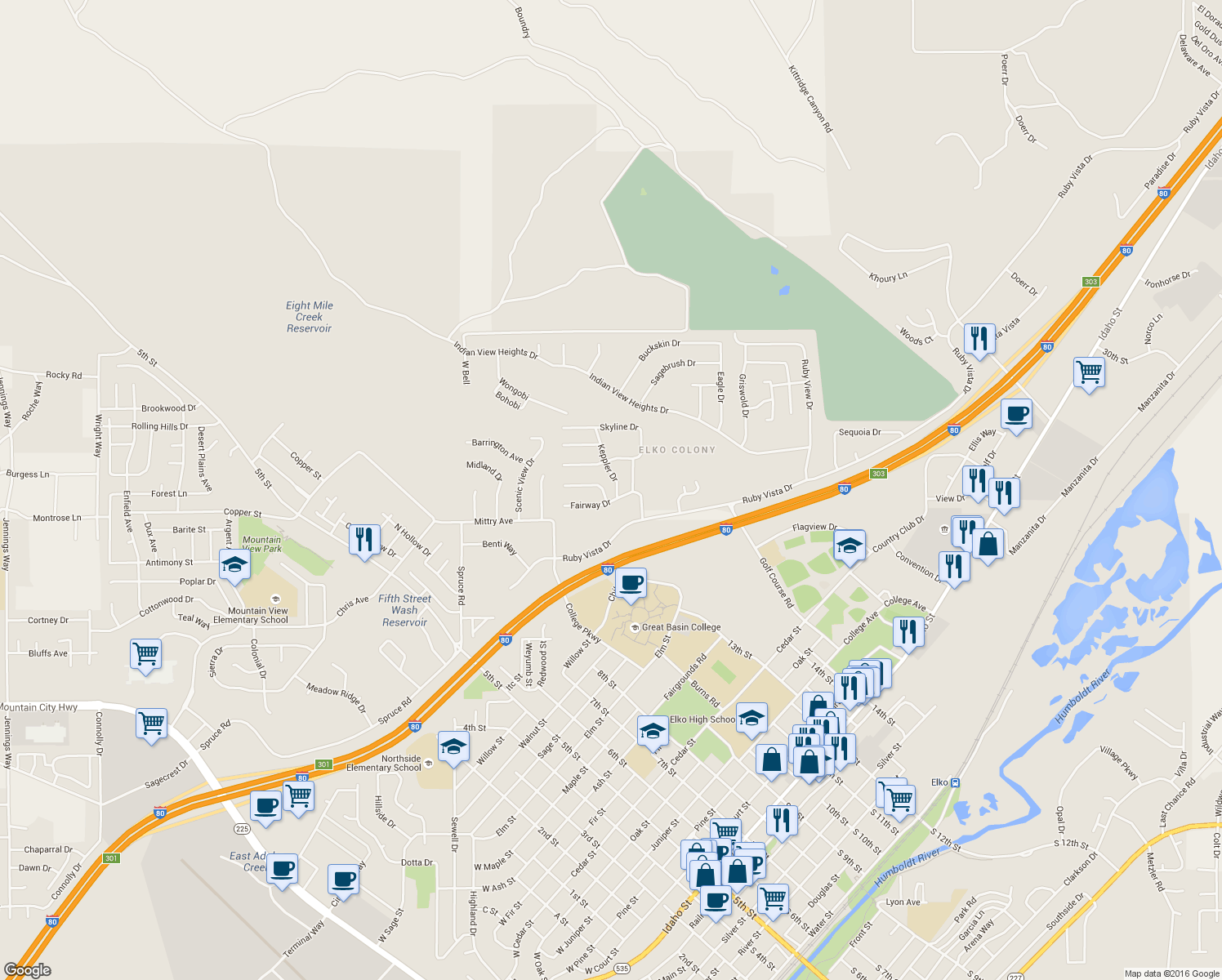 map of restaurants, bars, coffee shops, grocery stores, and more near 235 Keppler Drive in Elko