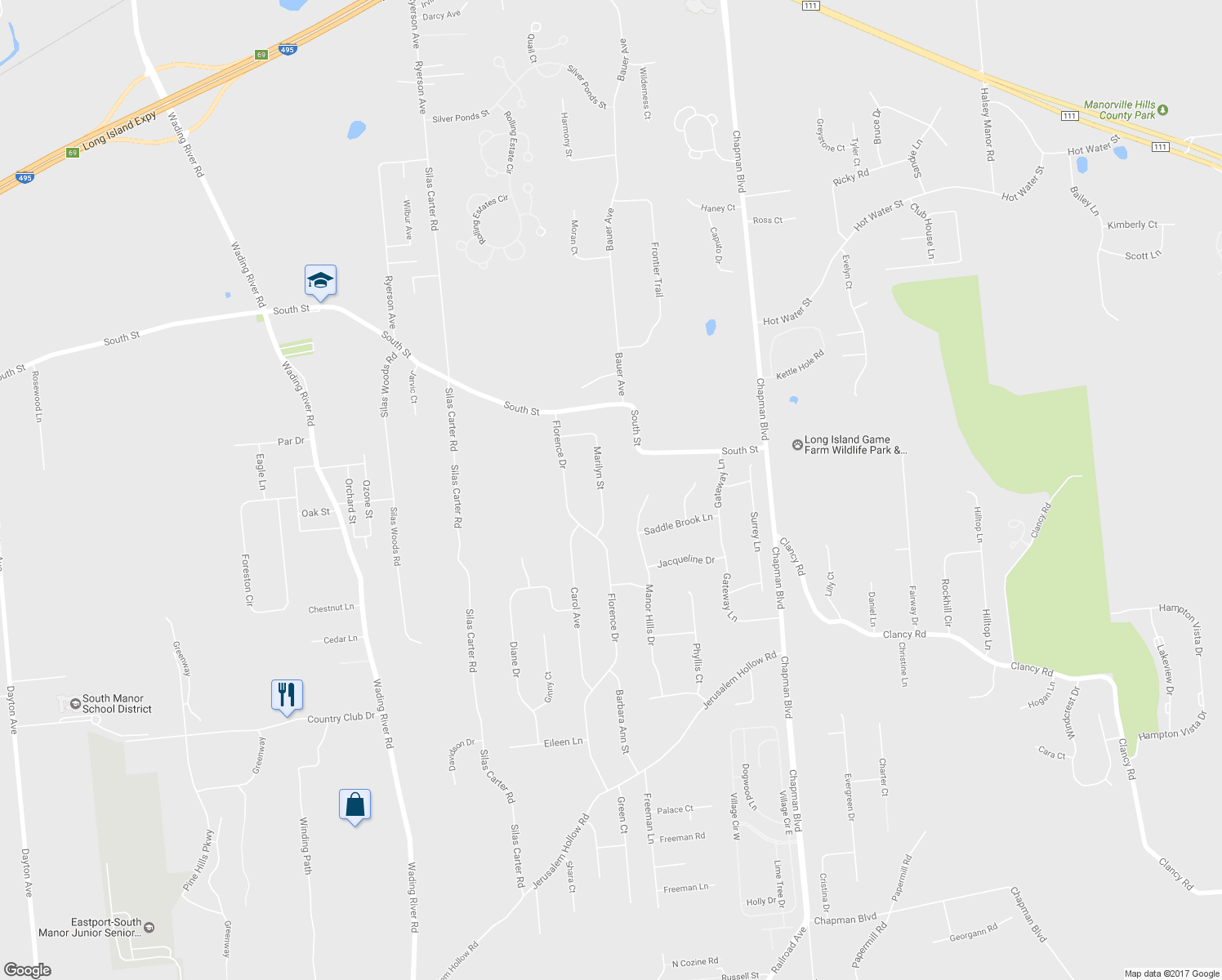 map of restaurants, bars, coffee shops, grocery stores, and more near 19 Marilyn Street in Manorville