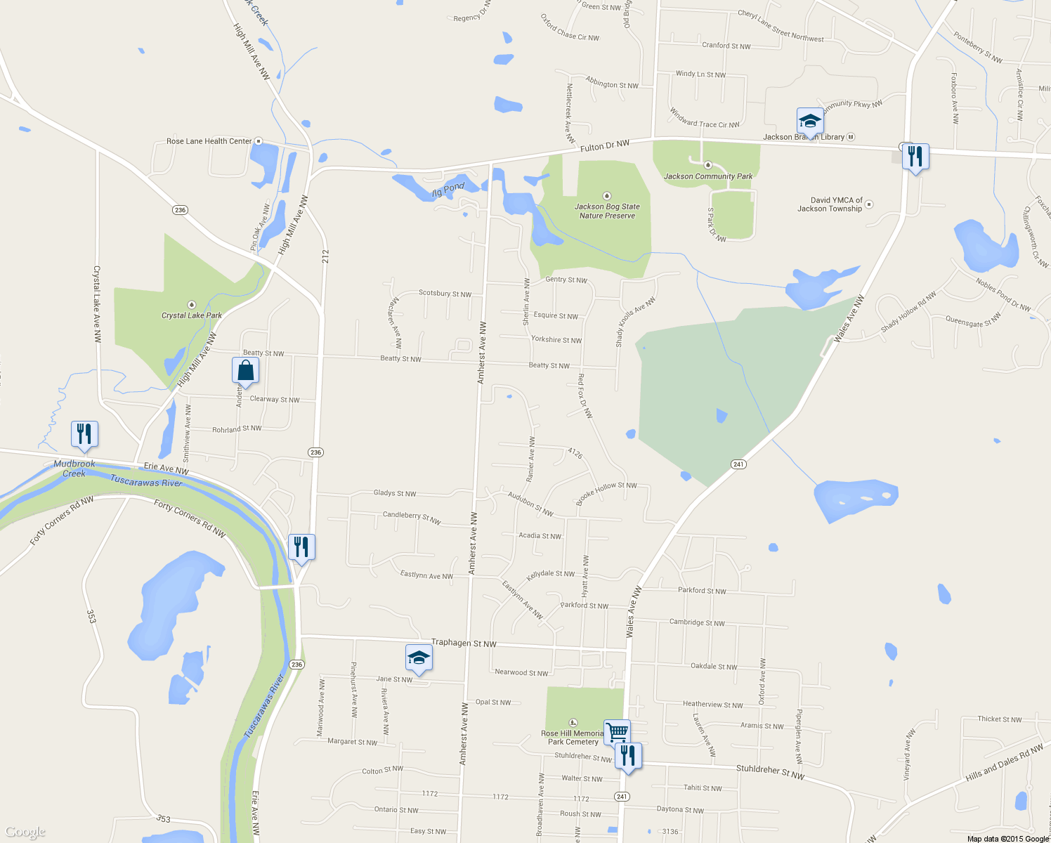 map of restaurants, bars, coffee shops, grocery stores, and more near 4625 Ranier Ave NW in Massillon