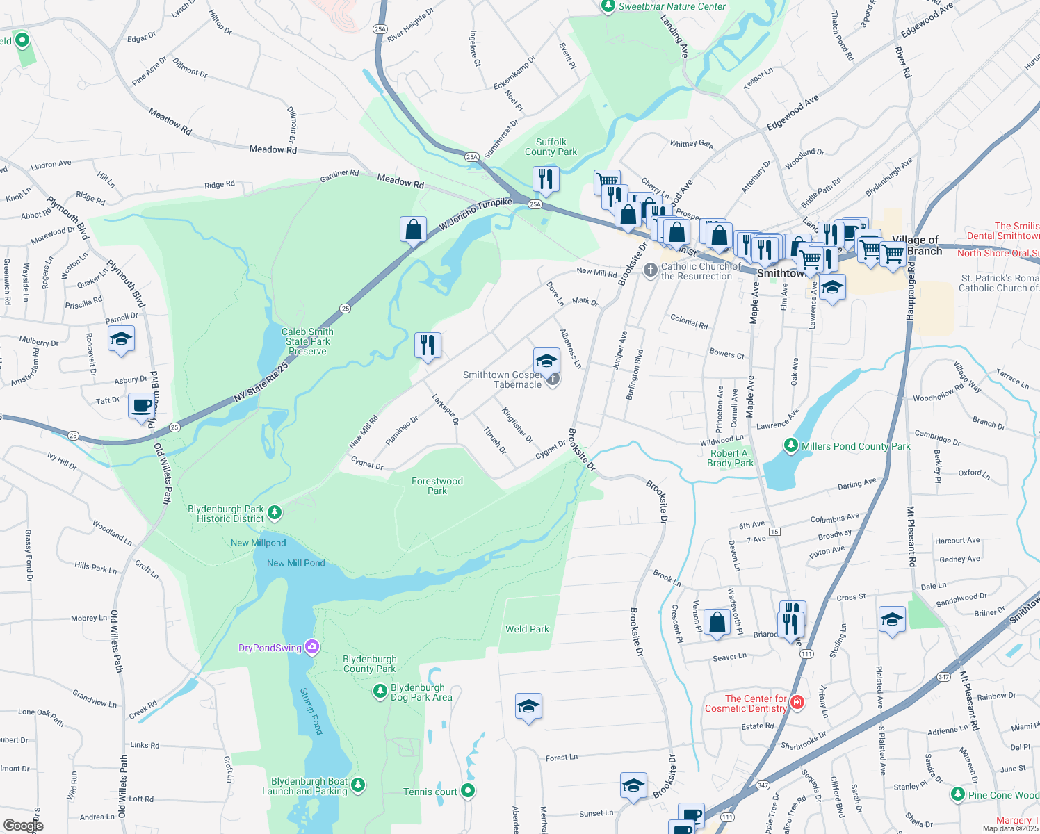 map of restaurants, bars, coffee shops, grocery stores, and more near 9 Kingfisher Drive in Smithtown