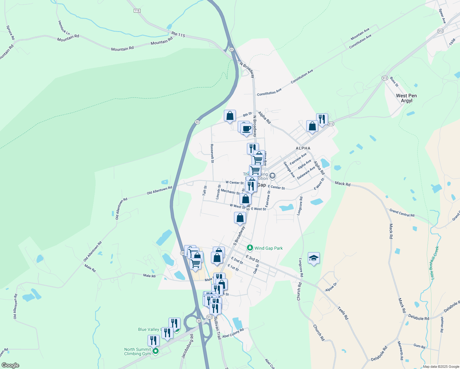map of restaurants, bars, coffee shops, grocery stores, and more near 225 West Center Street in Wind Gap