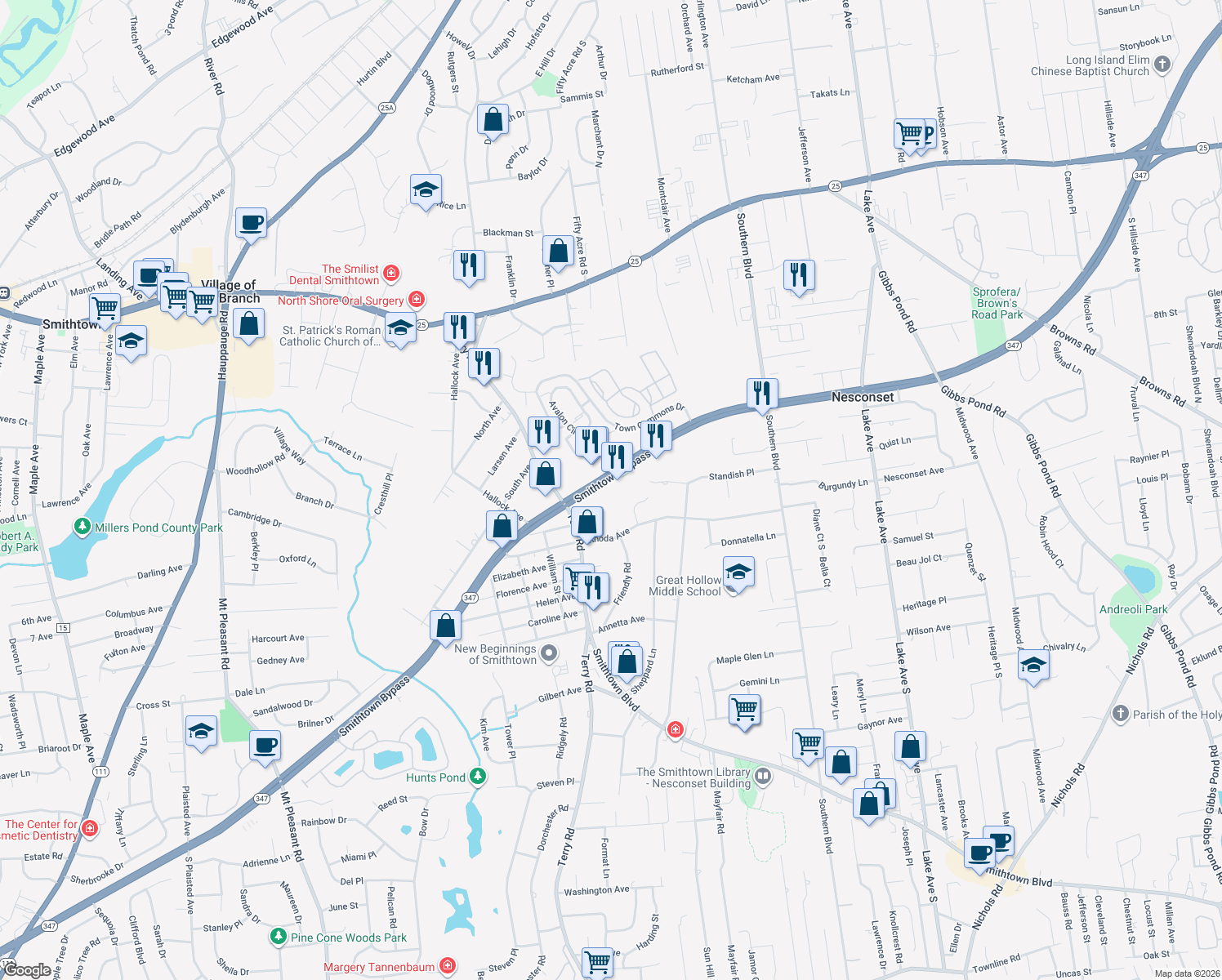 map of restaurants, bars, coffee shops, grocery stores, and more near 719 Smithtown Bypass in Smithtown
