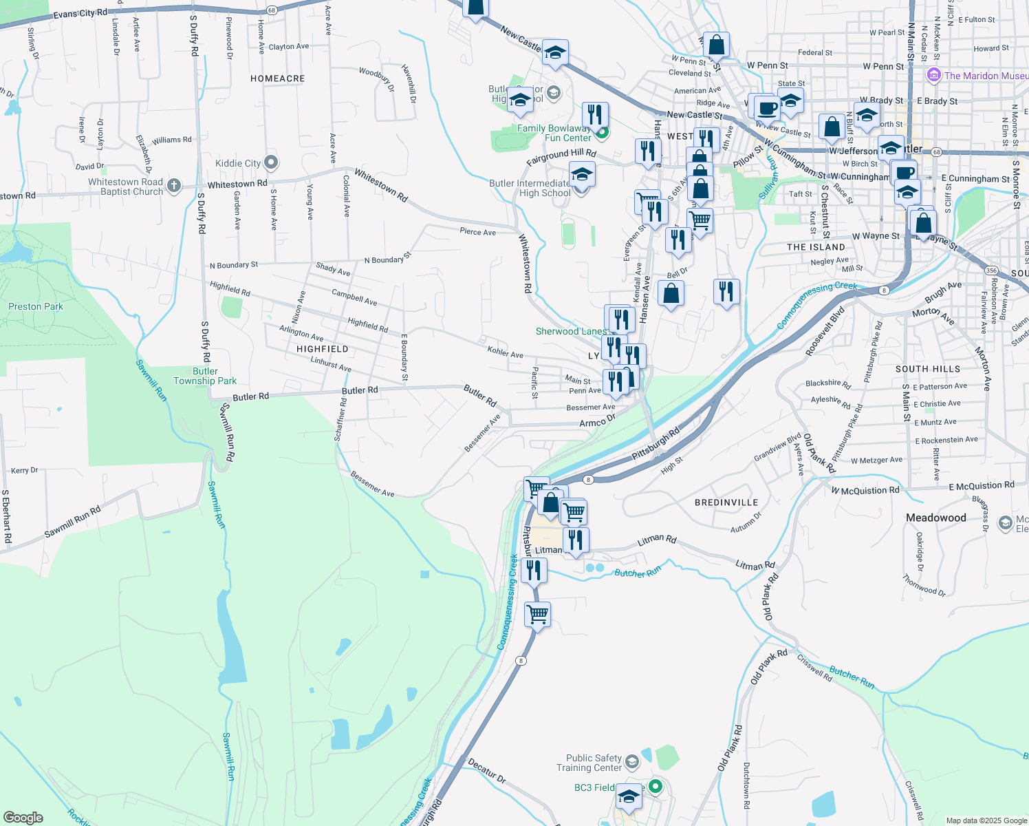 map of restaurants, bars, coffee shops, grocery stores, and more near 426 Bessemer Avenue in Lyndora