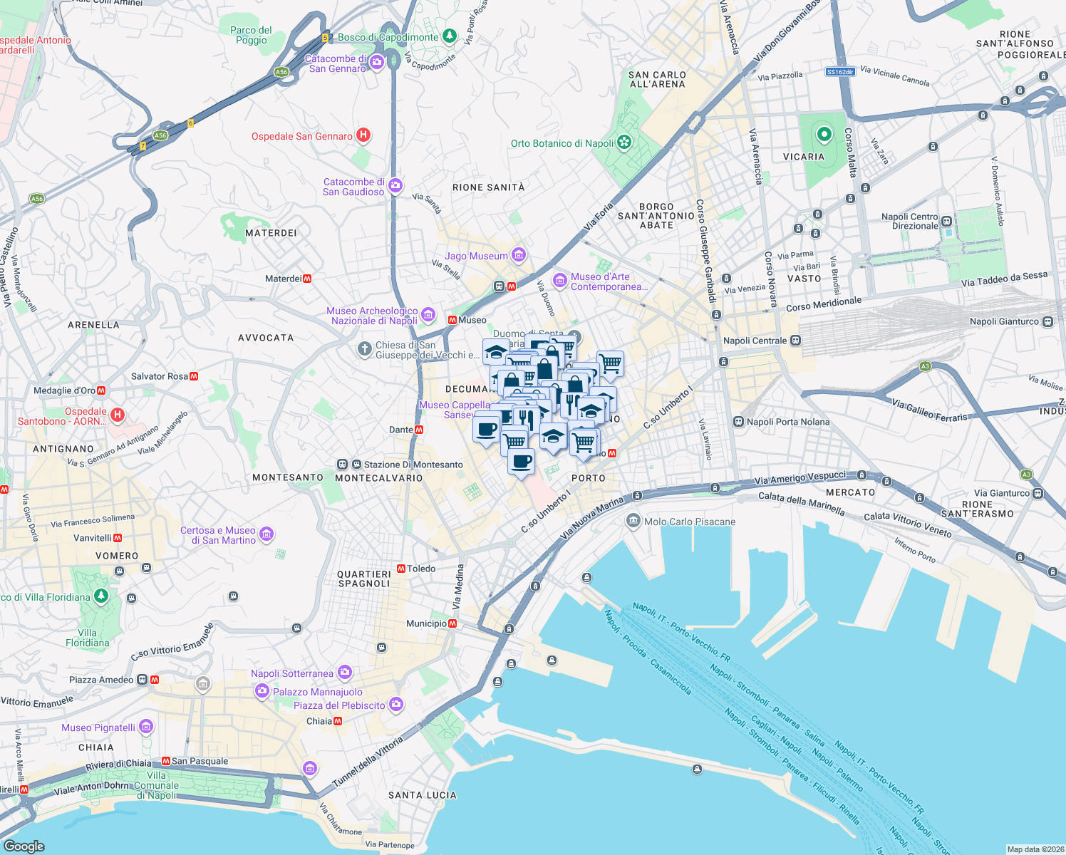 map of restaurants, bars, coffee shops, grocery stores, and more near 36 Via San Gregorio Armeno in Napoli