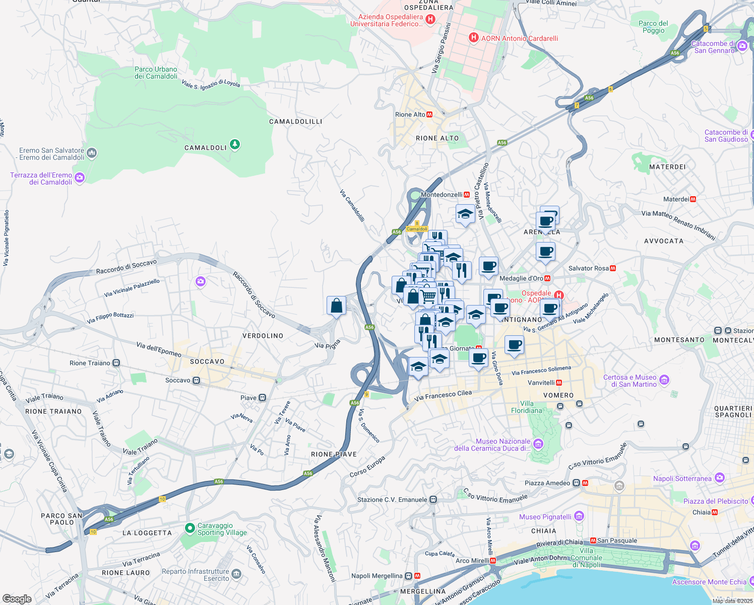 map of restaurants, bars, coffee shops, grocery stores, and more near 78 Via Pigna in Napoli