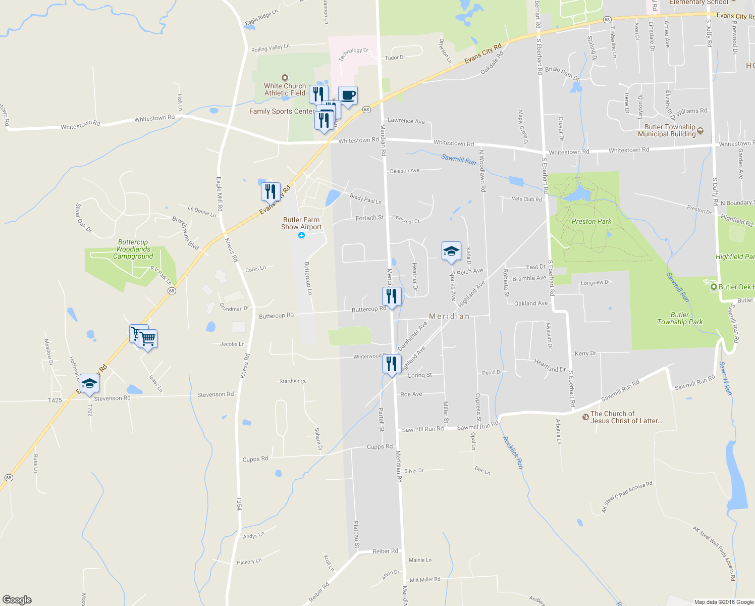 map of restaurants, bars, coffee shops, grocery stores, and more near 102 Buttercup Road in Meridian