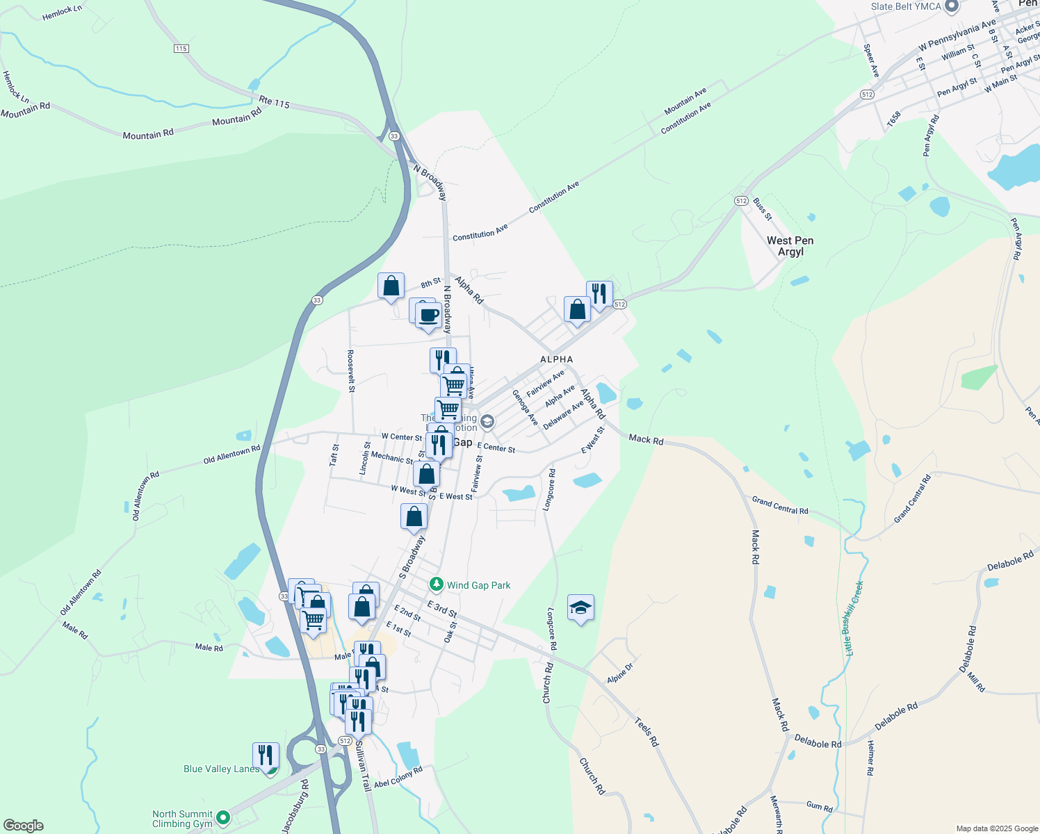 map of restaurants, bars, coffee shops, grocery stores, and more near 172 Alpha Avenue in Wind Gap
