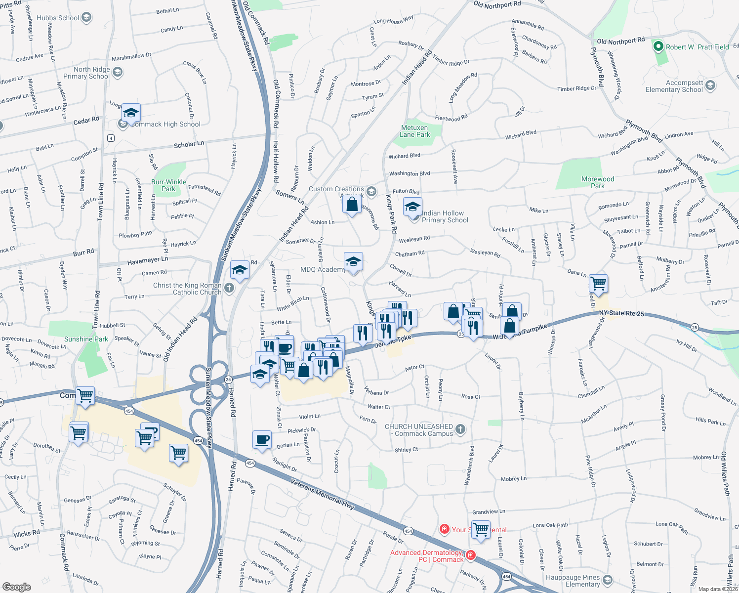 map of restaurants, bars, coffee shops, grocery stores, and more near 1 Radcliffe Road in Commack