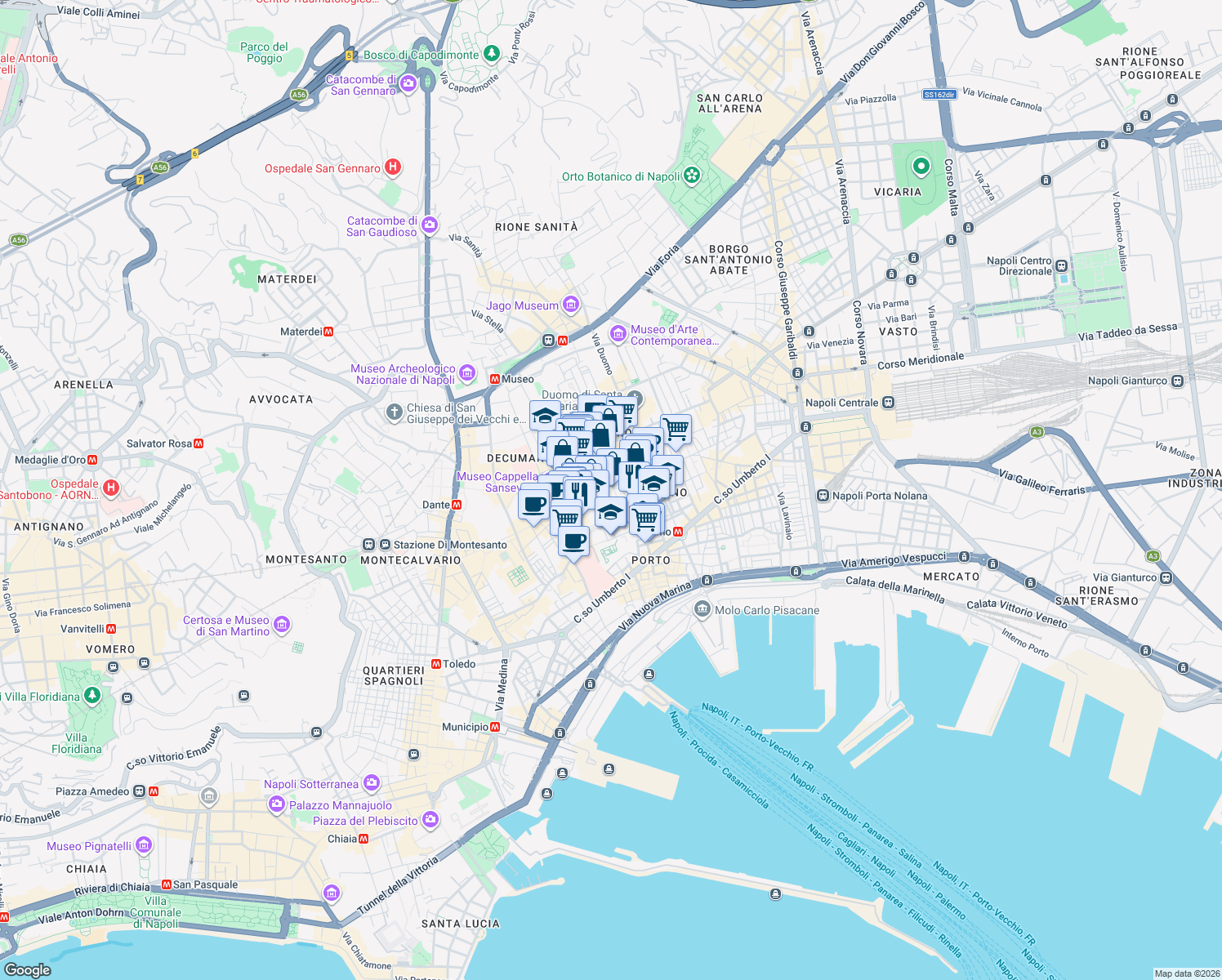 map of restaurants, bars, coffee shops, grocery stores, and more near 36 Via San Gregorio Armeno in Napoli