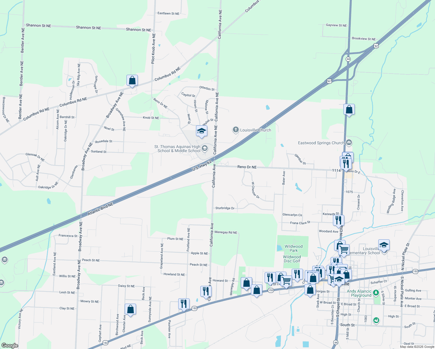 map of restaurants, bars, coffee shops, grocery stores, and more near 5292 California Ave in Louisville