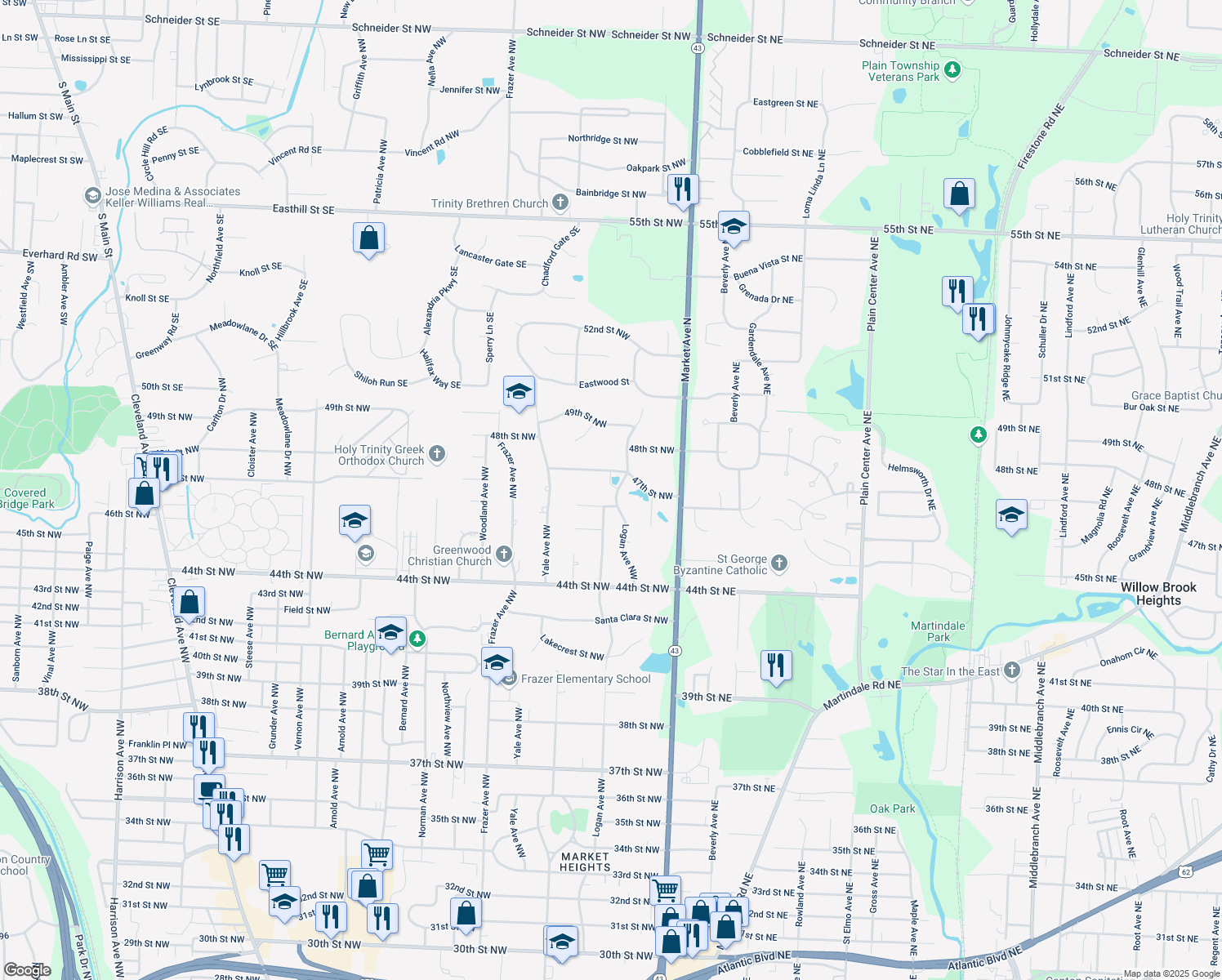 map of restaurants, bars, coffee shops, grocery stores, and more near 300 47th Street Northwest in Canton